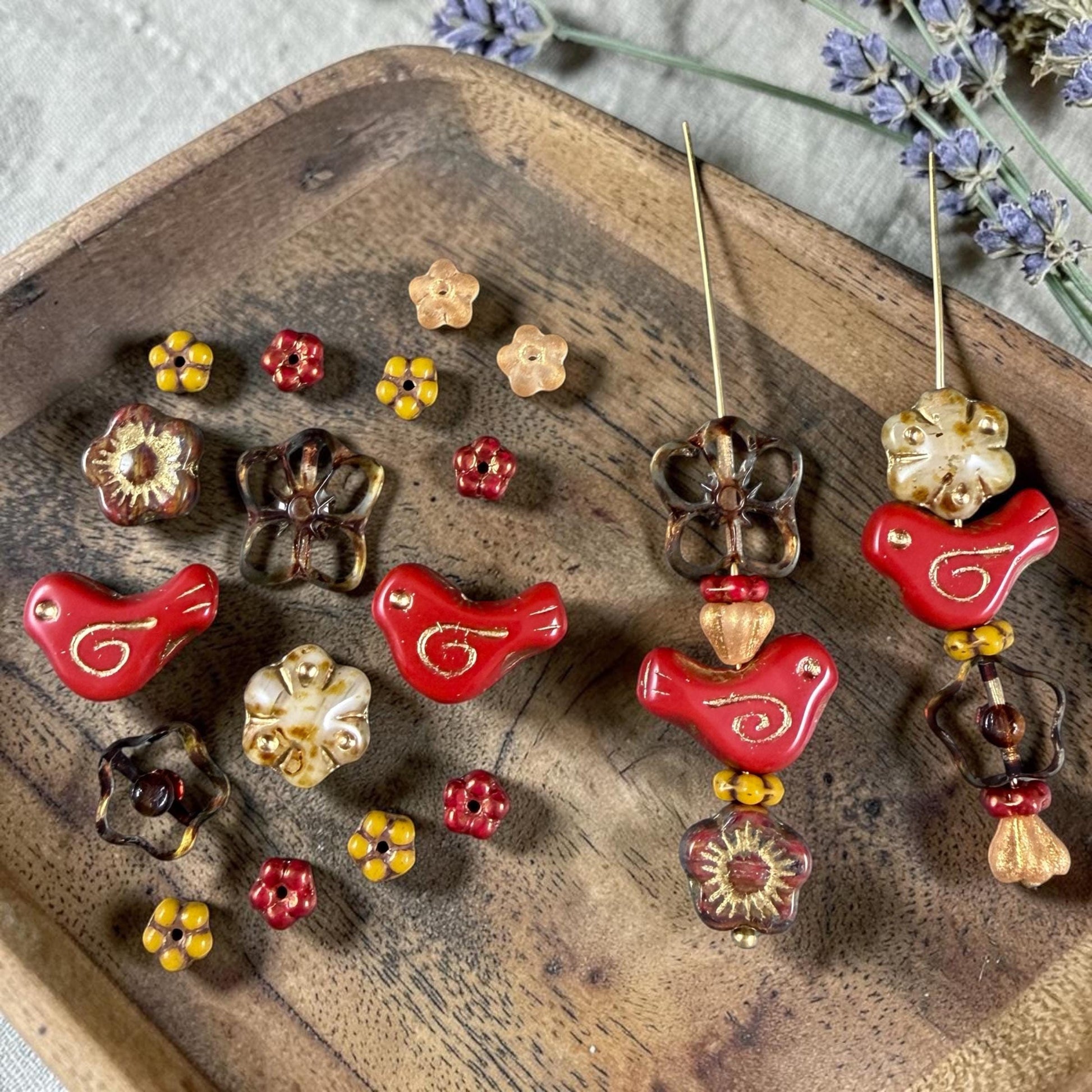 Czech Beads - Glass Bird Bead, 12x16mm, Red and Gold (93500/54202) * 10 Beads