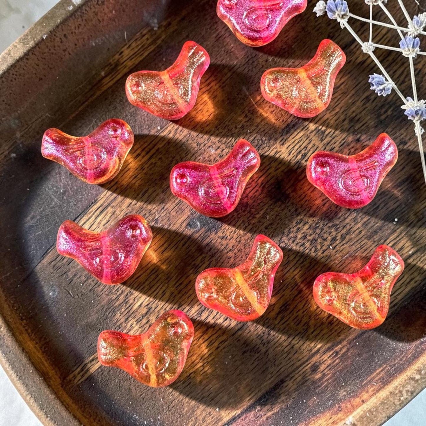 Czech Beads - Glass Bird Bead, 12x16mm, Fuchsia and Orange (00030-541024) * 10 Beads