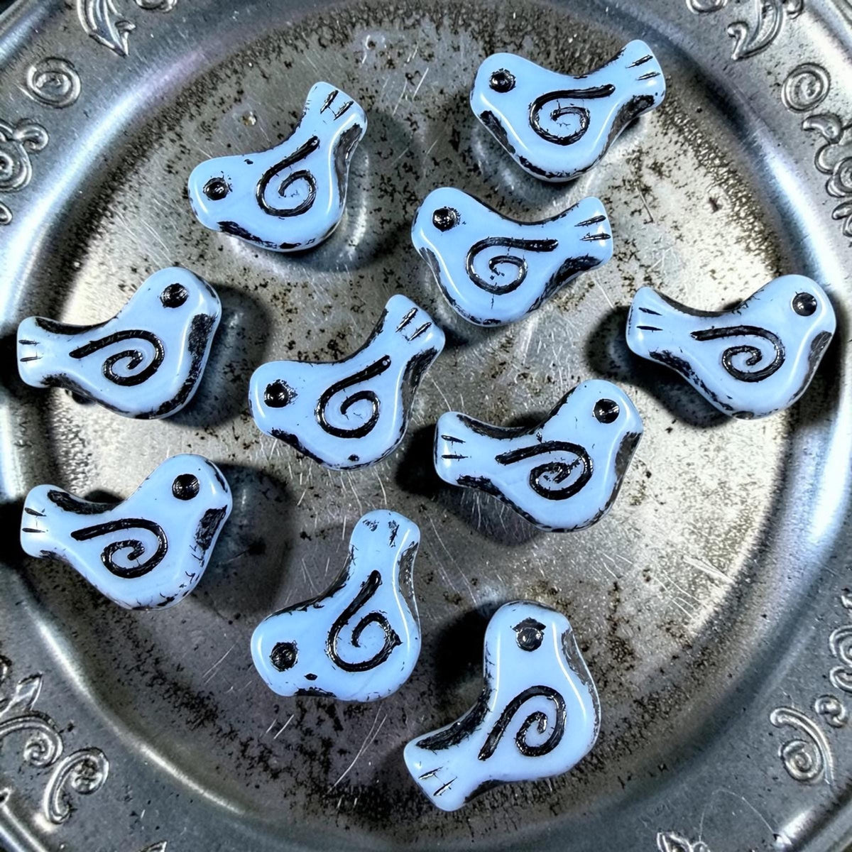 Czech Beads - Glass Bird Bead, 12x16mm, Light Blue and Black (33010/46769) * 10 Beads