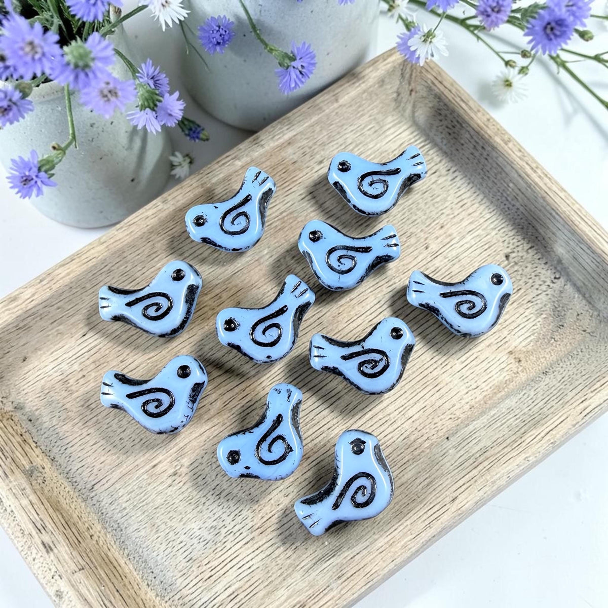 Czech Beads - Glass Bird Bead, 12x16mm, Light Blue and Black (33010/46769) * 10 Beads