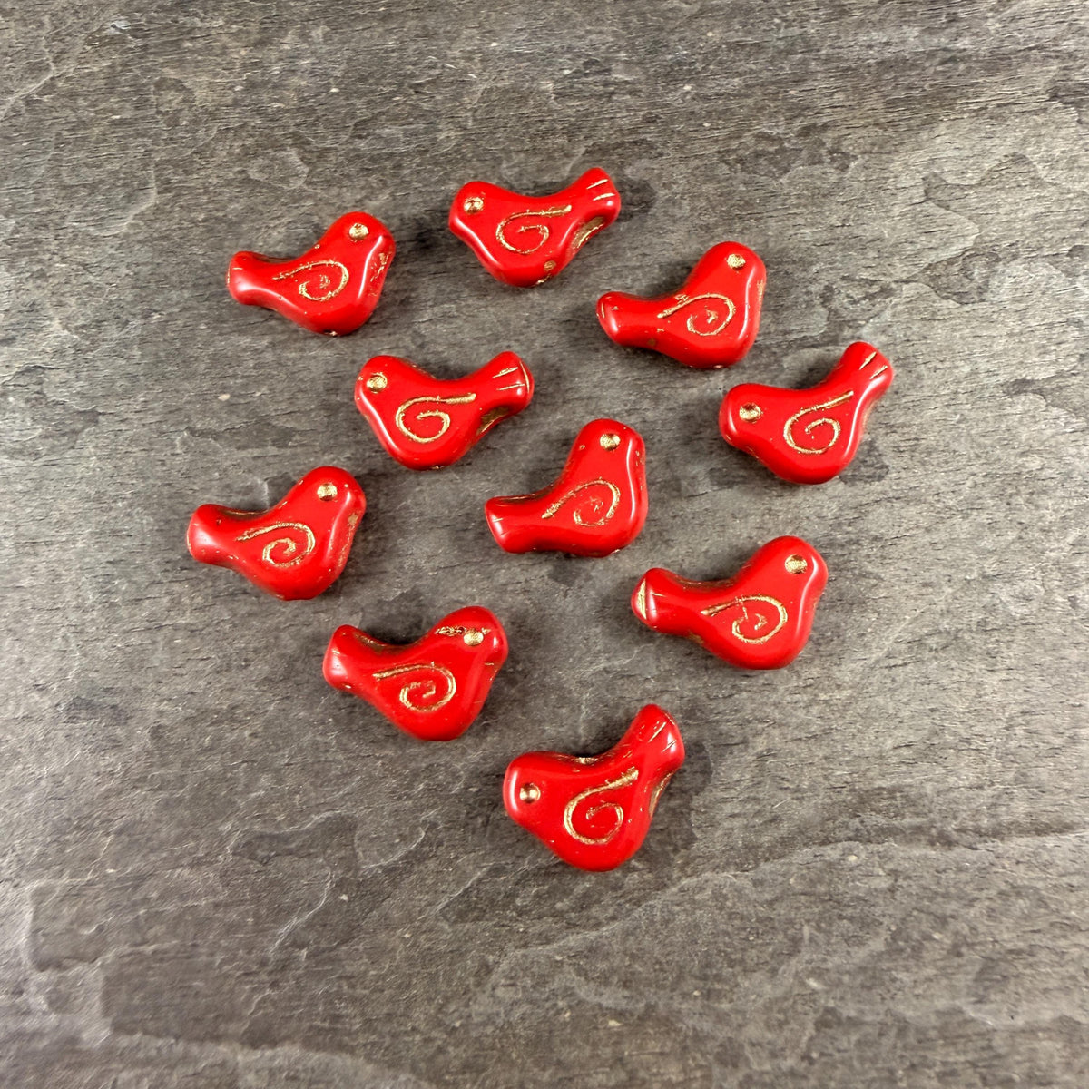Czech Beads - Glass Bird Bead, 12x16mm, Red and Gold (93500/54202) * 10 Beads