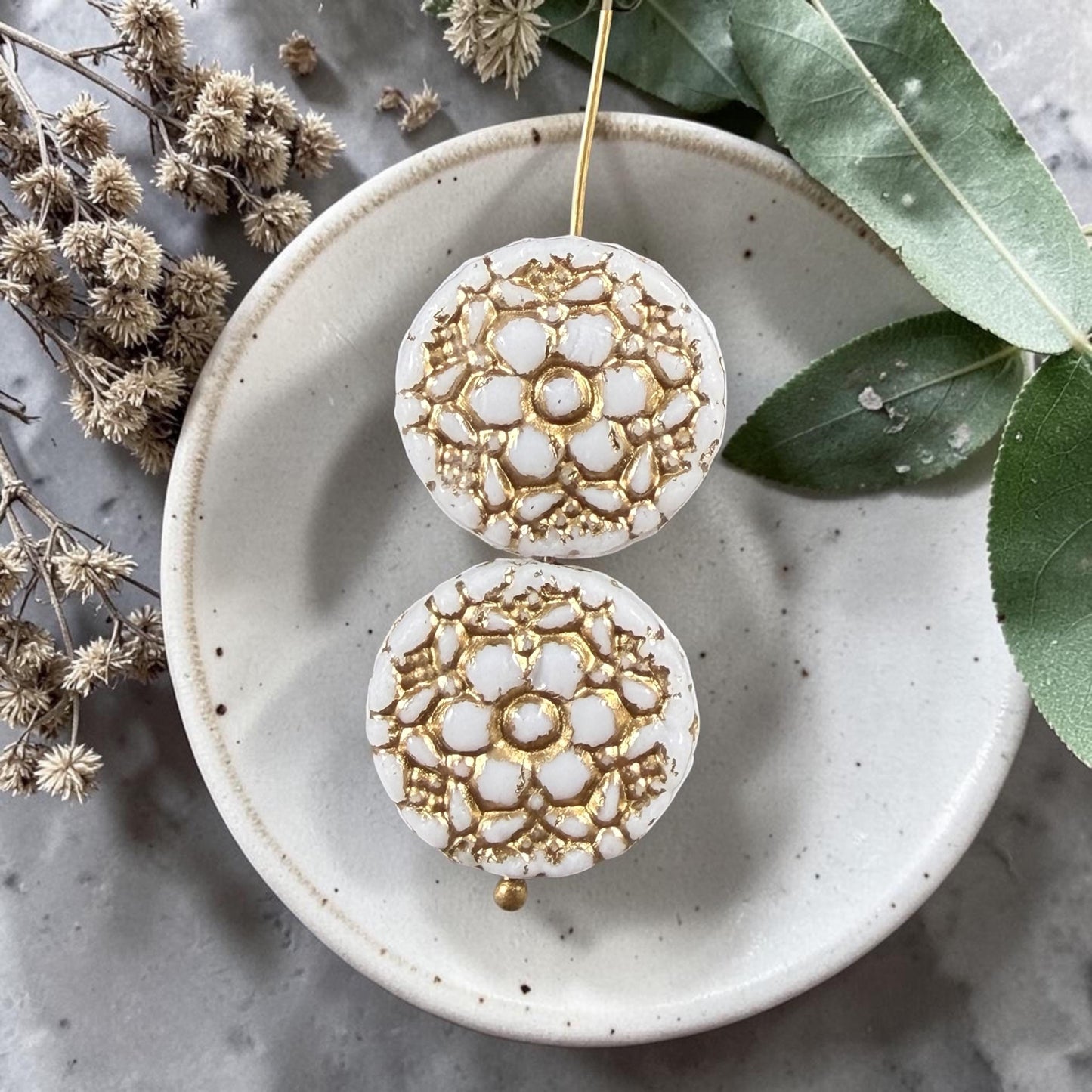 Czech Glass Beads - 18mm Coin with Floral Design, White with Gold Wash (Posy6) * Qty. 4
