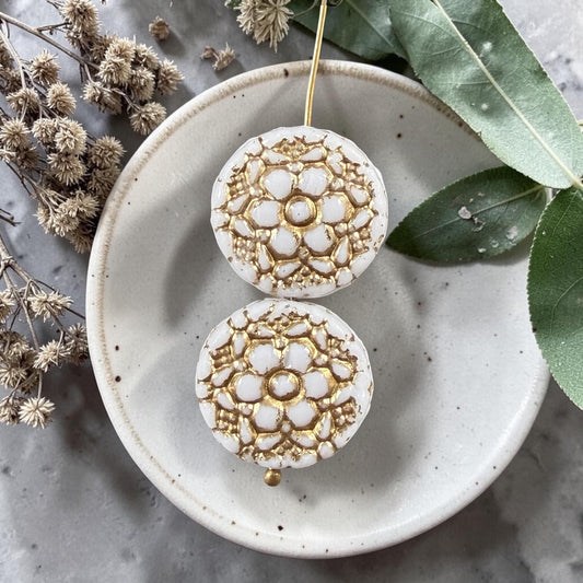 Czech Glass Beads - 18mm Coin with Floral Design, White with Gold Wash (Posy6) * Qty. 4