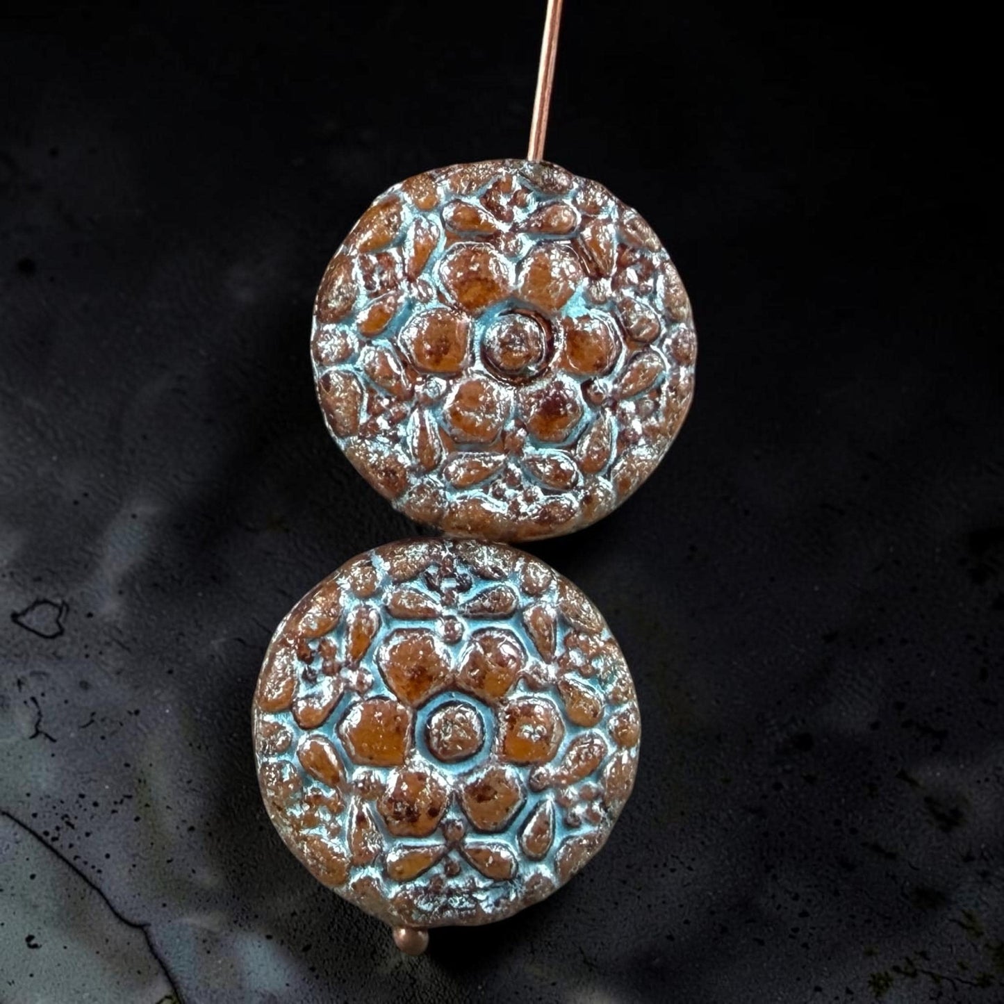 Czech Glass Beads - 18mm Floral Theme Coin, Brown with Turquoise Wash (POSY3) * Qty. 4