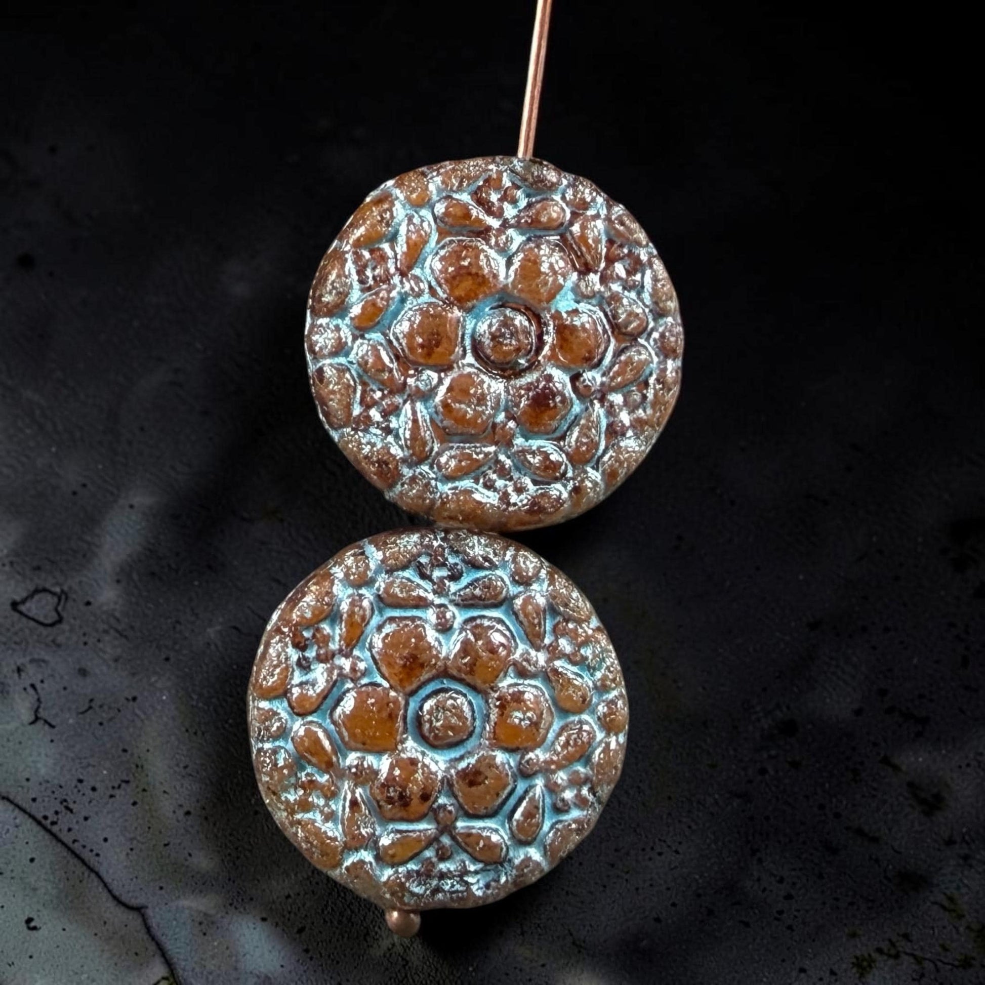 Czech Glass Beads - 18mm Floral Theme Coin, Brown with Turquoise Wash (POSY3) * Qty. 4