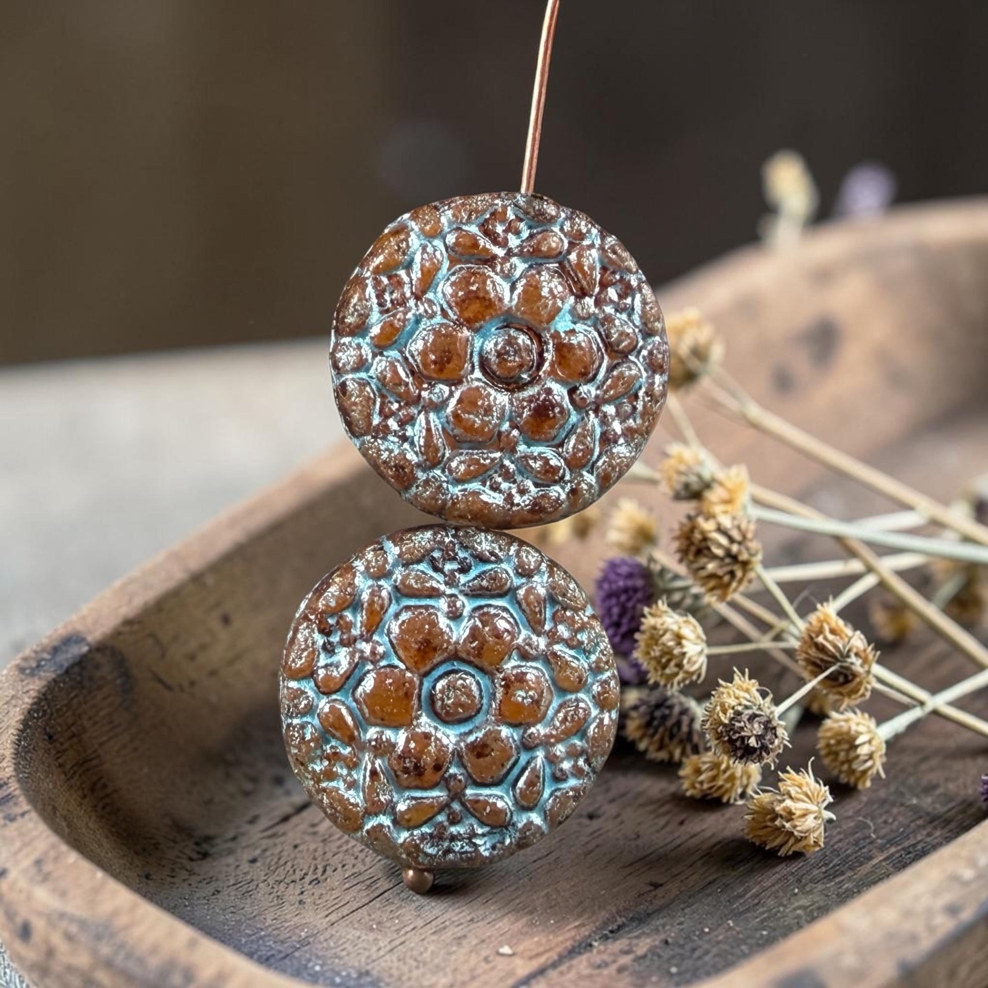 Czech Glass Beads - 18mm Floral Theme Coin, Brown with Turquoise Wash (POSY3) * Qty. 4