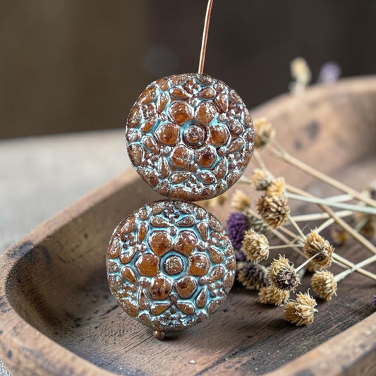 Czech Glass Beads - 18mm Floral Theme Coin, Brown with Turquoise Wash (POSY3) * Qty. 4