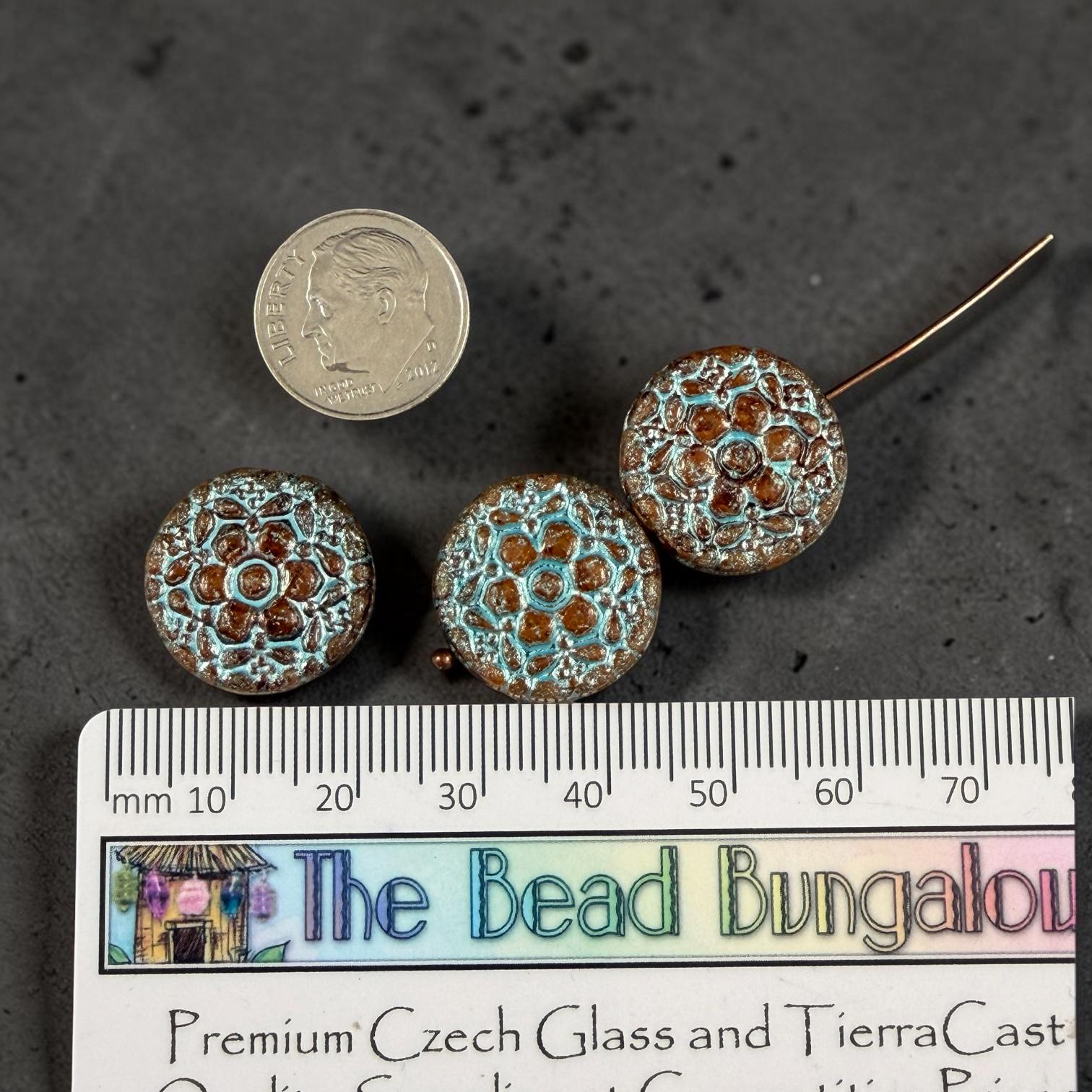 Czech Glass Beads - 18mm Floral Theme Coin, Brown with Turquoise Wash (POSY3) * Qty. 4