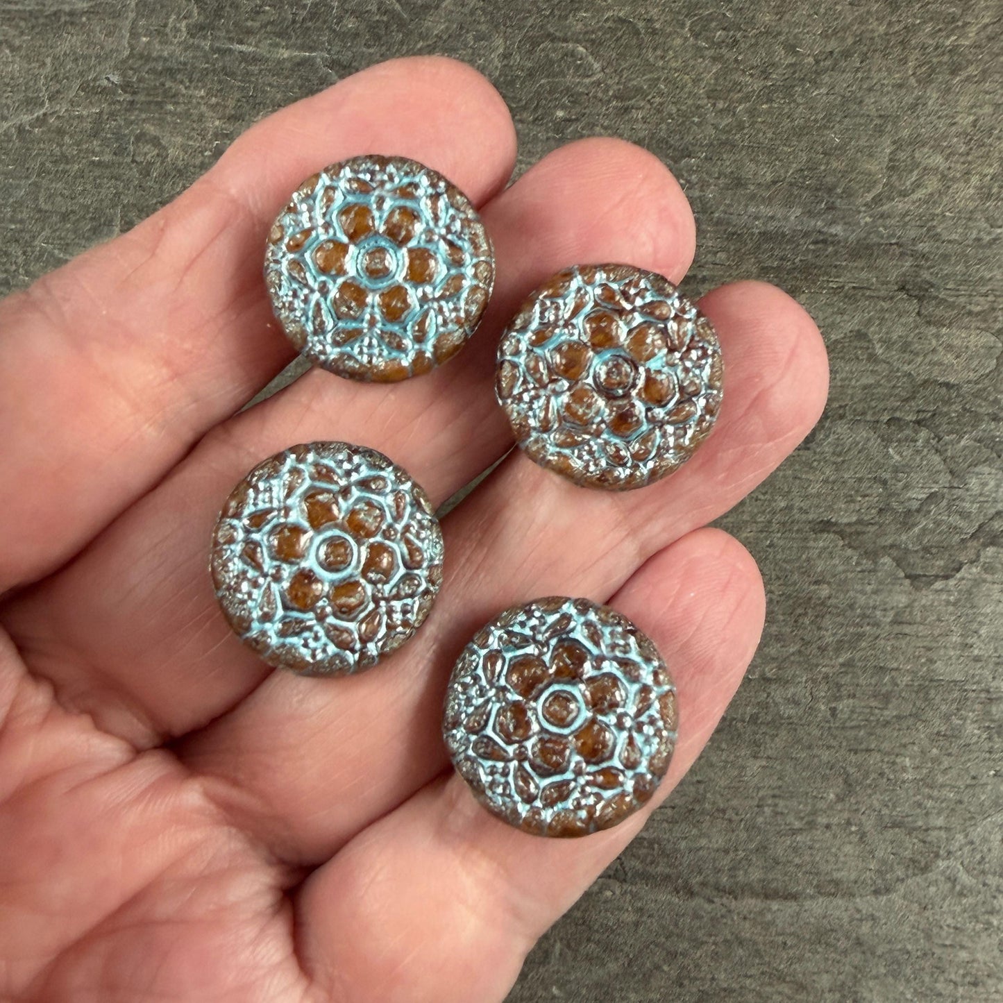 Czech Glass Beads - 18mm Floral Theme Coin, Brown with Turquoise Wash (POSY3) * Qty. 4