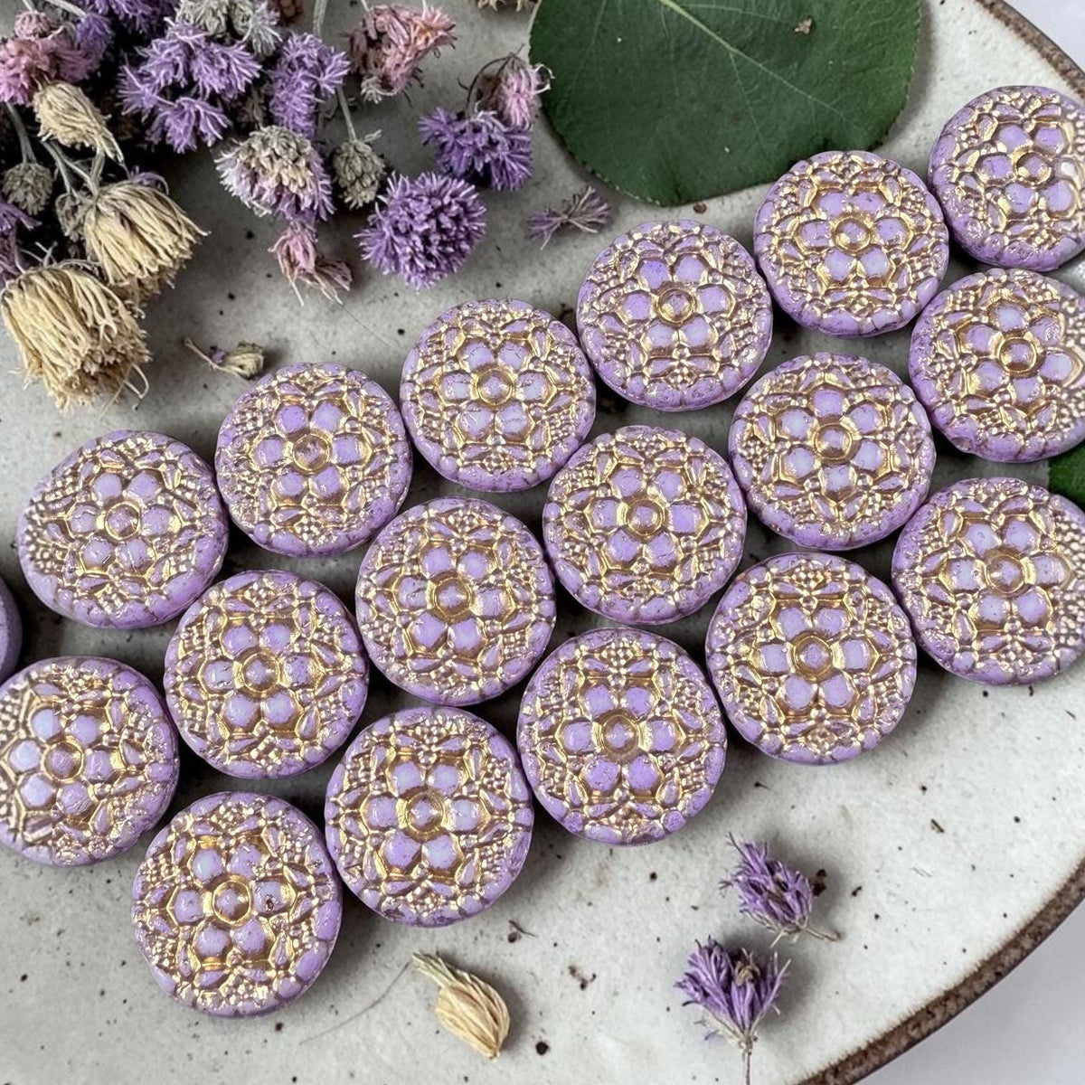 Czech Glass Beads - 18mm Floral Theme Coin, Lilac Purple with Gold Wash (POSY4) * Qty. 4