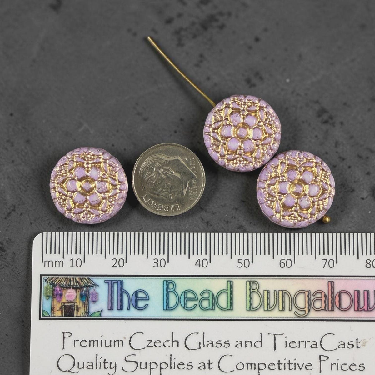 Czech Glass Beads - 18mm Floral Theme Coin, Lilac Purple with Gold Wash (POSY4) * Qty. 4