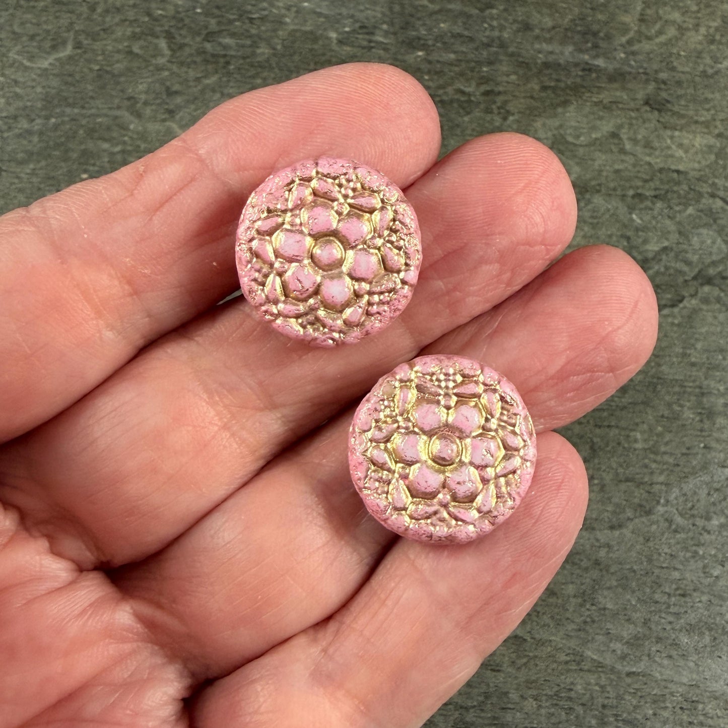 Czech Glass Beads - 18mm Floral Theme Coin, Dusty Pink with Gold Wash (POSY2) * Qty. 4