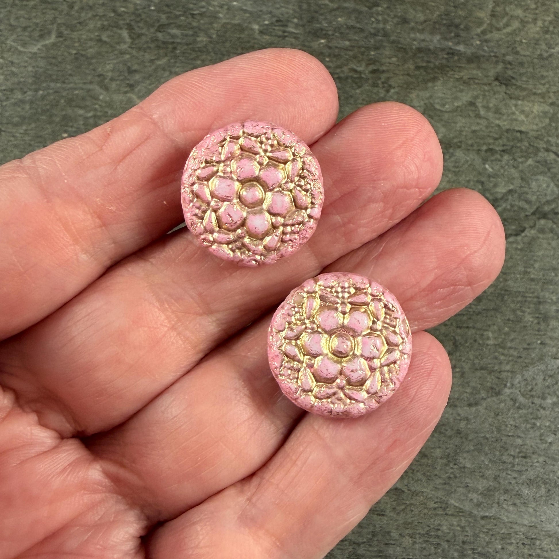 Czech Glass Beads - 18mm Floral Theme Coin, Dusty Pink with Gold Wash (POSY2) * Qty. 4