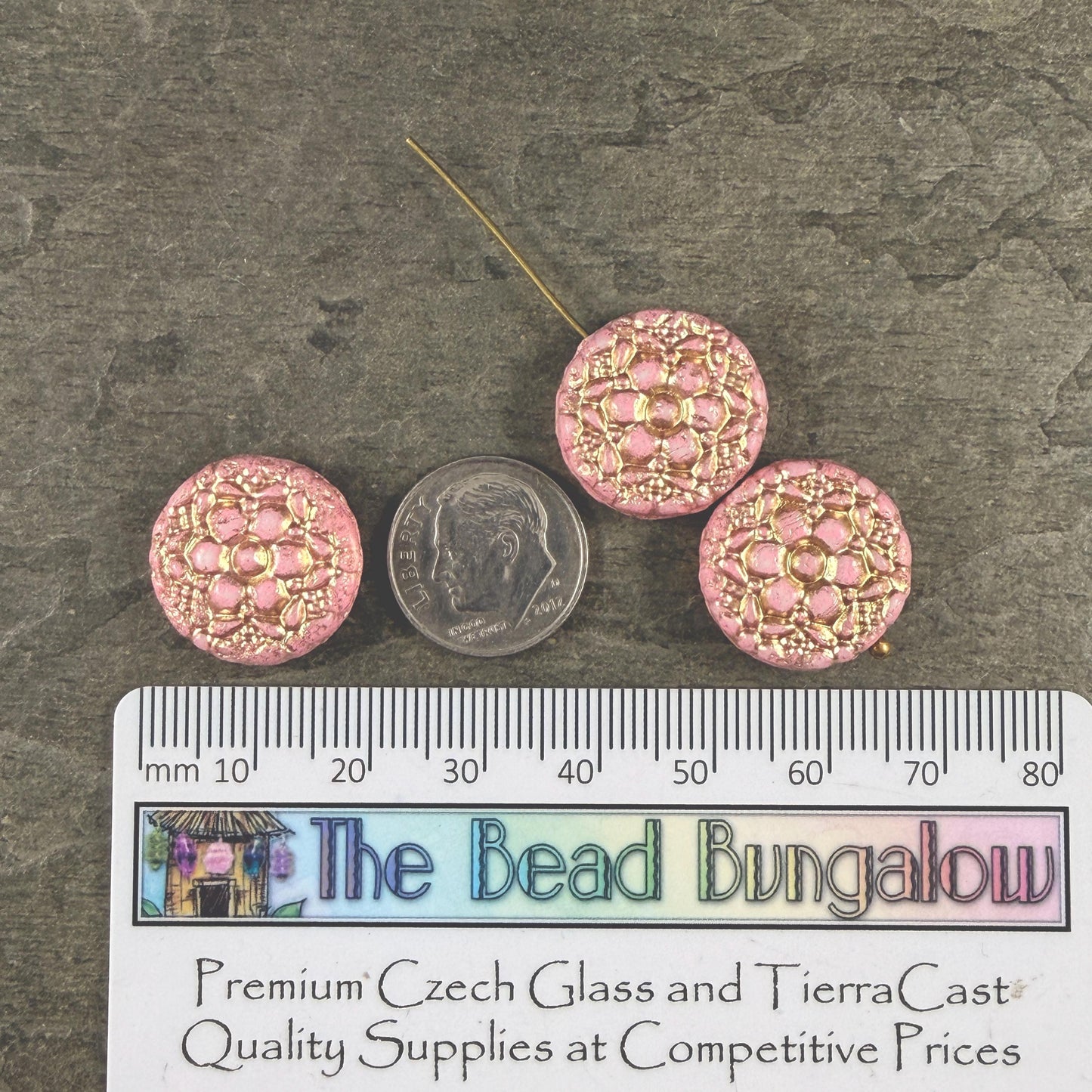 Czech Glass Beads - 18mm Floral Theme Coin, Dusty Pink with Gold Wash (POSY2) * Qty. 4