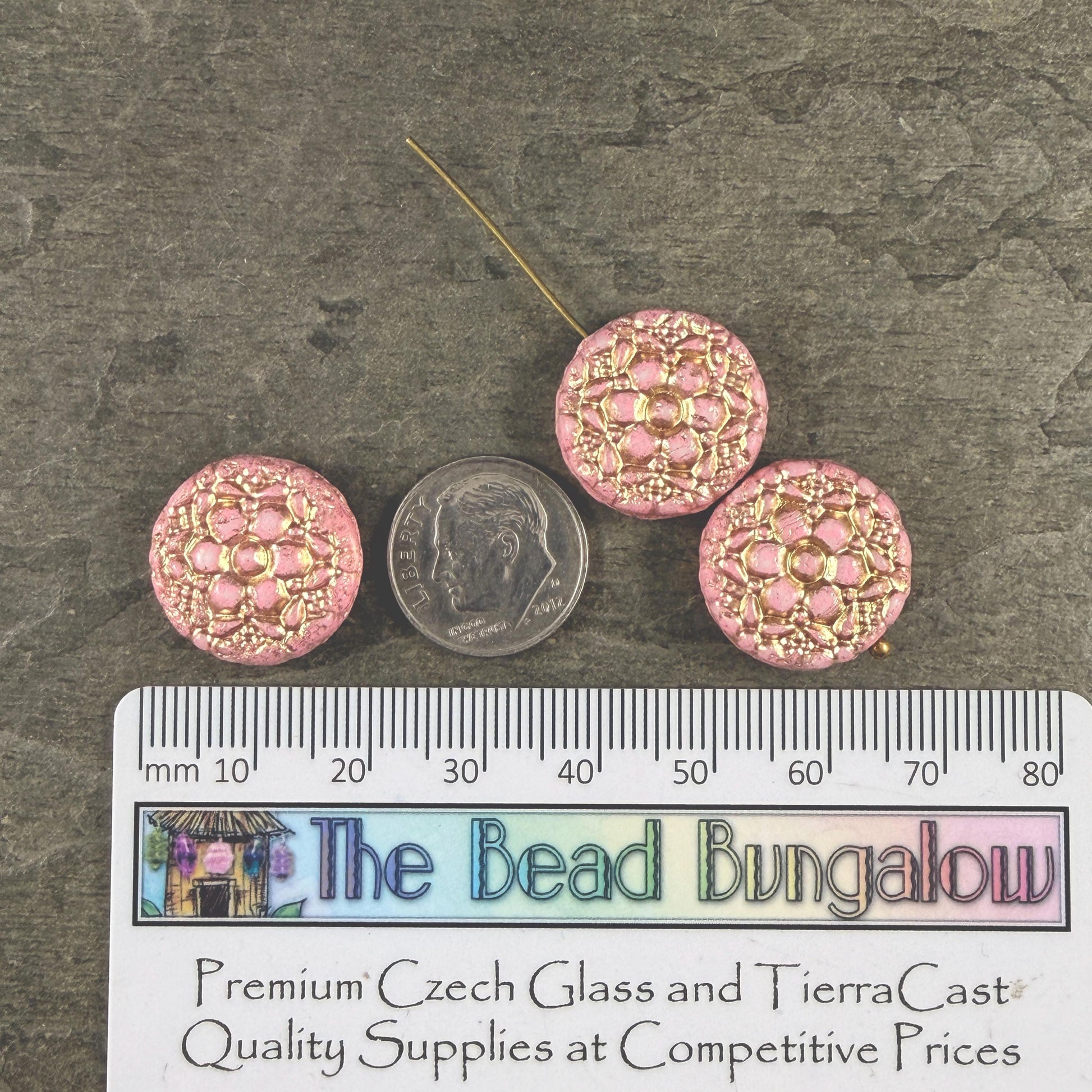 Czech Glass Beads - 18mm Floral Theme Coin, Dusty Pink with Gold Wash (POSY2) * Qty. 4