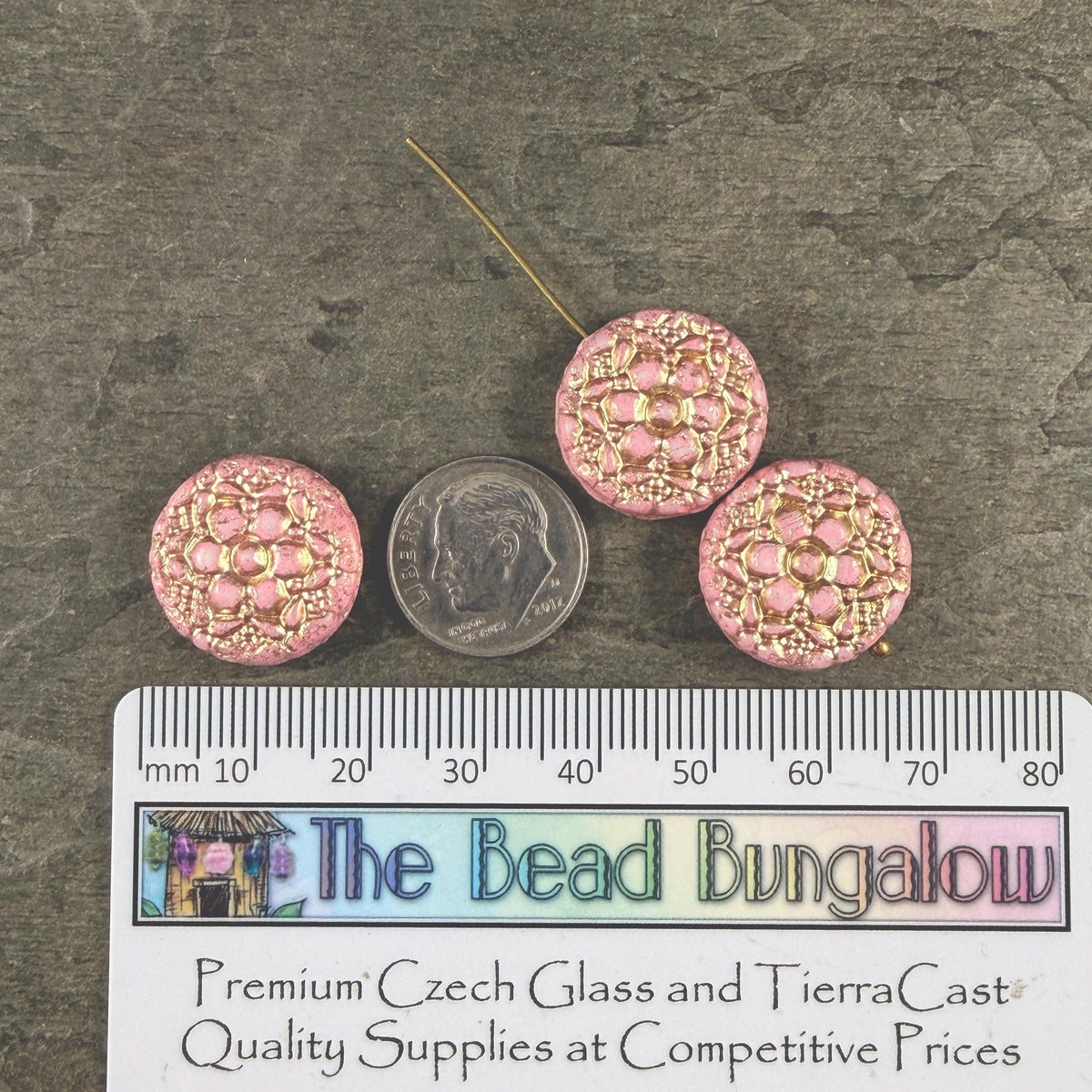 Czech Glass Beads - 18mm Floral Theme Coin, Dusty Pink with Gold Wash (POSY2) * Qty. 4