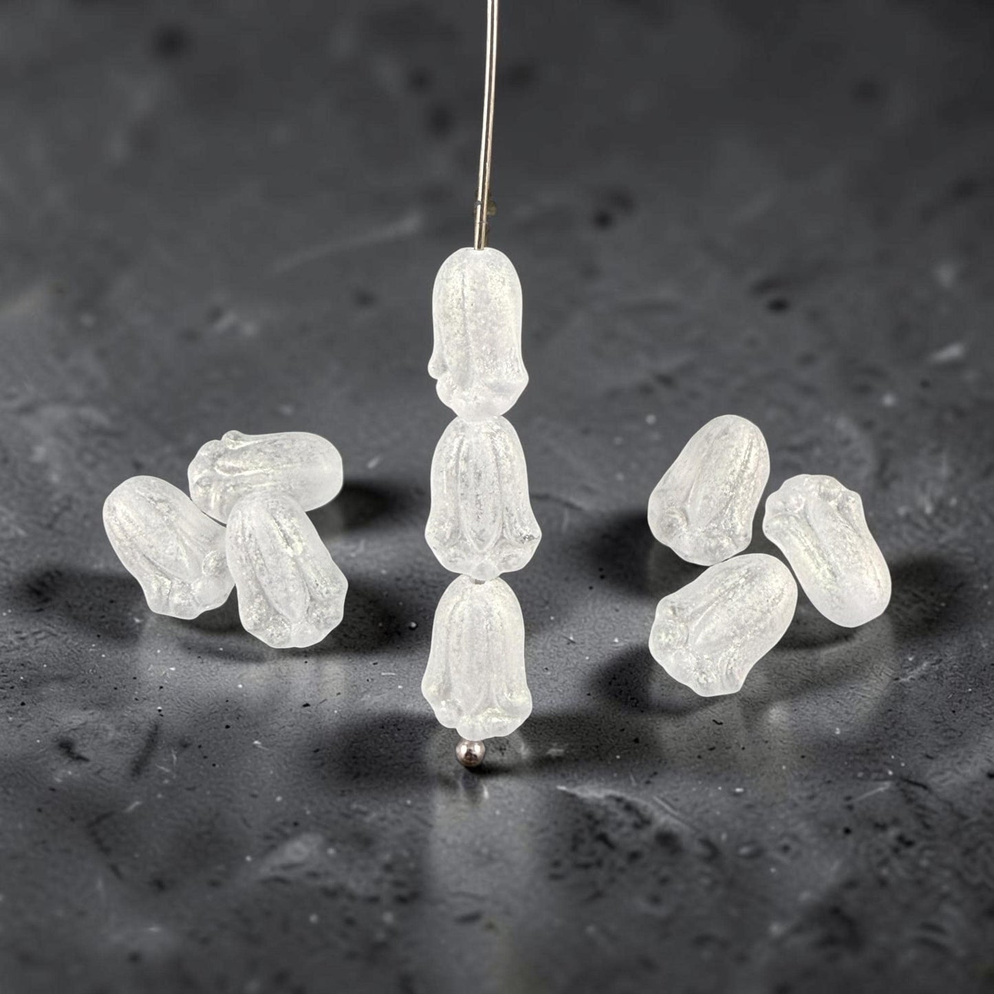 Matte Crystal Flower with AB Finish Czech Glass Beads 12x8mm Lily Bud Flower Frosty White Flower Bead (LBud30) Czech Flower * Qty. 12
