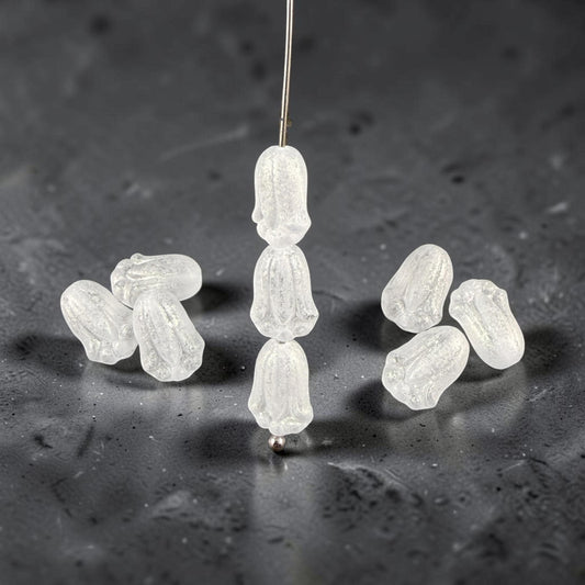 Matte Crystal Flower with AB Finish Czech Glass Beads 12x8mm Lily Bud Flower Frosty White Flower Bead (LBud30) Czech Flower * Qty. 12