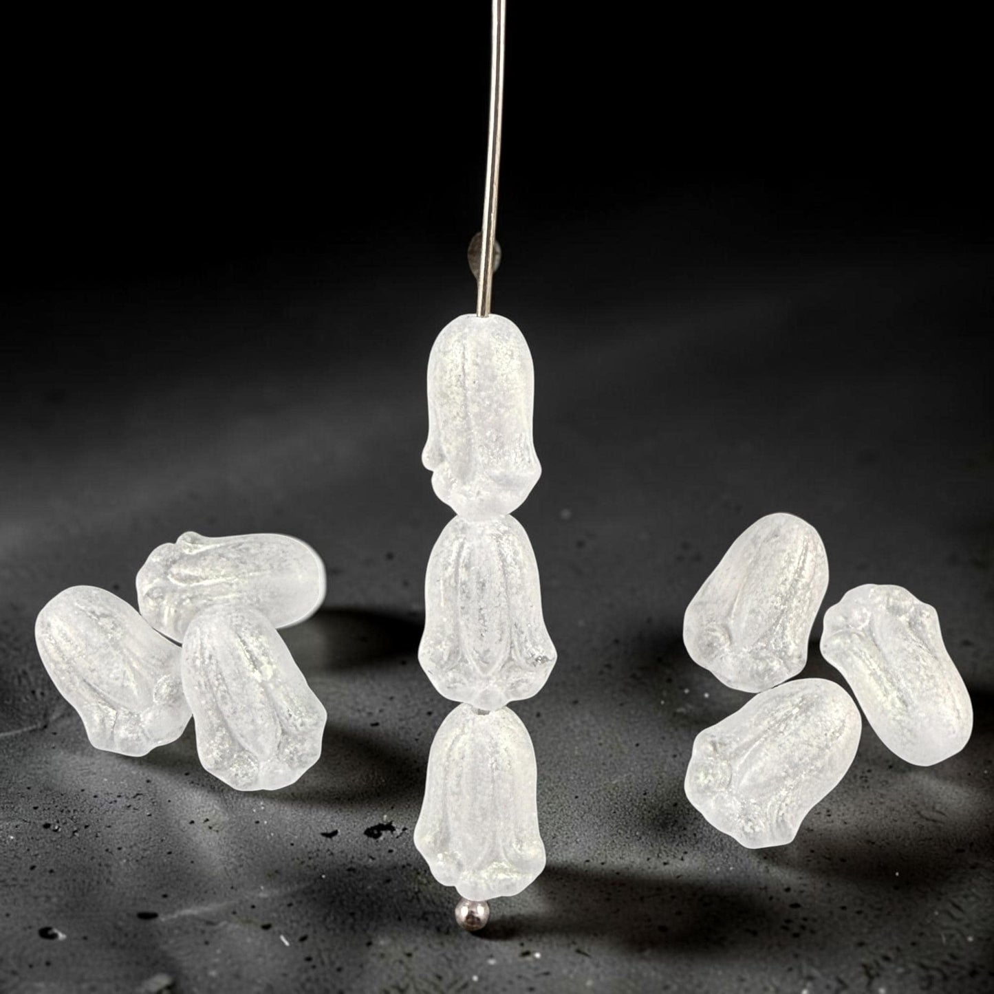 Matte Crystal Flower with AB Finish Czech Glass Beads 12x8mm Lily Bud Flower Frosty White Flower Bead (LBud30) Czech Flower * Qty. 12