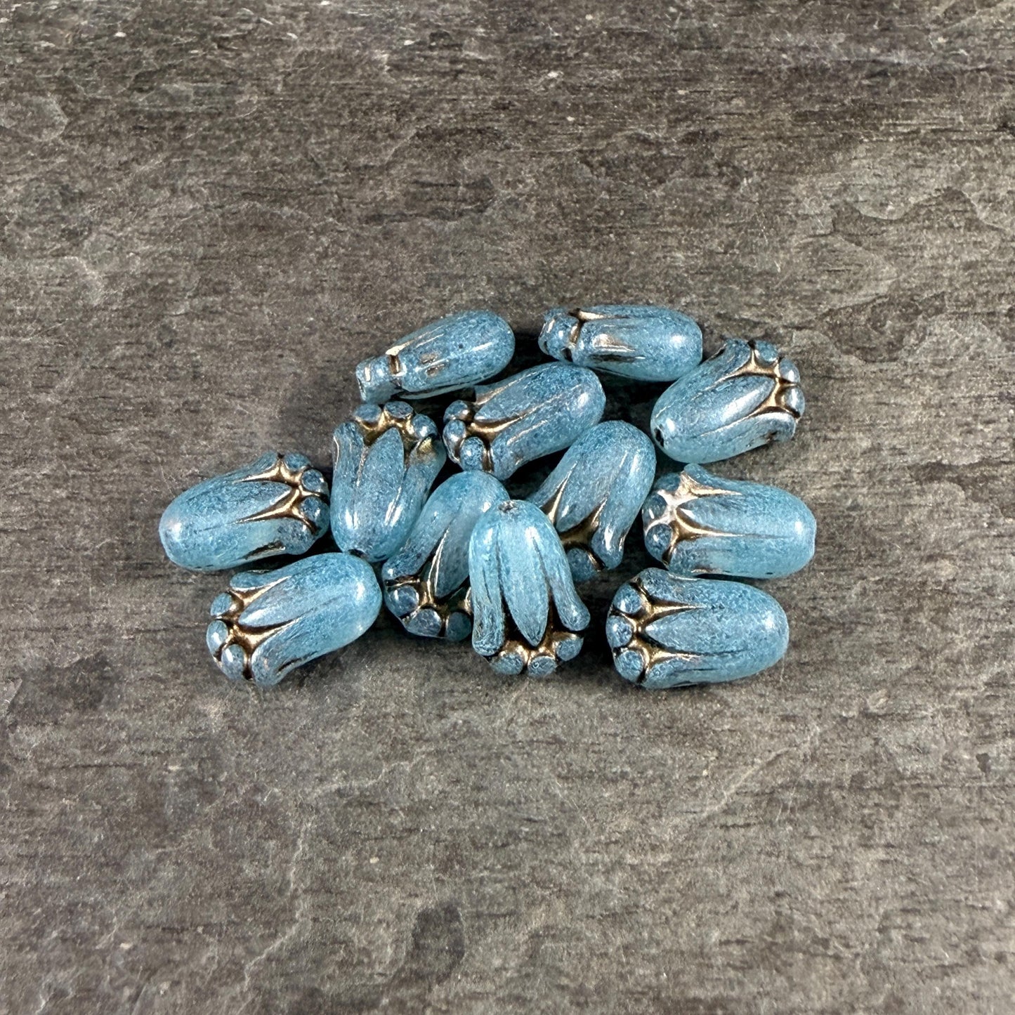Aqua Blue Opaline Flower with Bronze Wash, Czech Glass Beads, 12x8mm Lily Bud Flower, Aqua Blue Flower Bead (LBud1) Czech Flower * Qty. 12