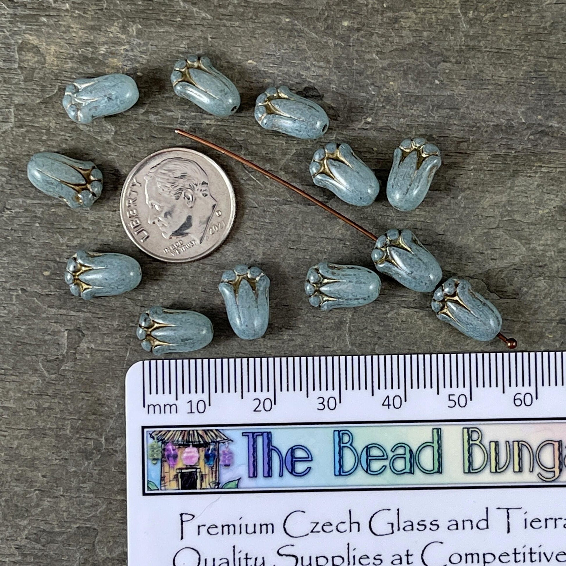 Aqua Blue Opaline Flower with Bronze Wash, Czech Glass Beads, 12x8mm Lily Bud Flower, Aqua Blue Flower Bead (LBud1) Czech Flower * Qty. 12