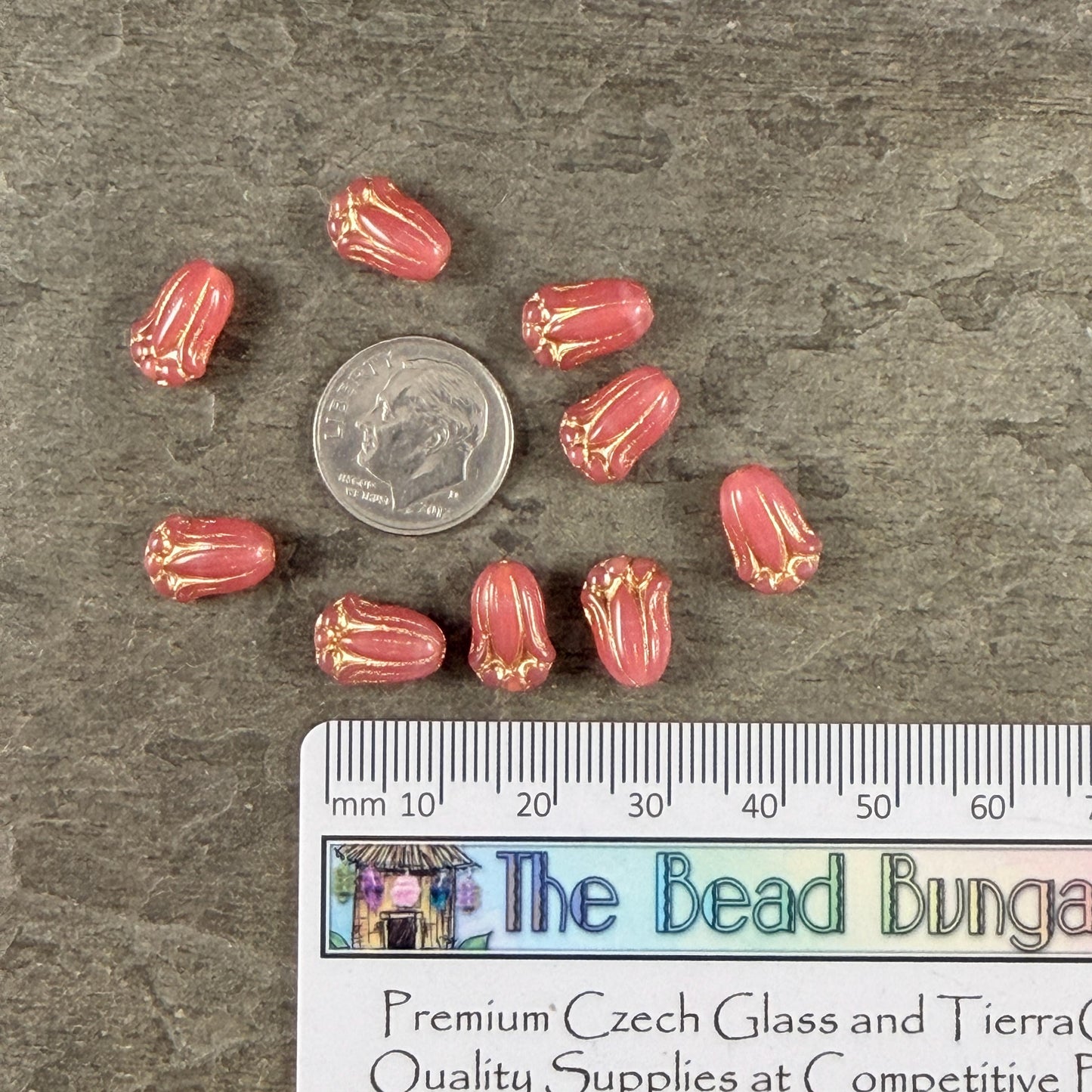 Czech Glass Beads - 12x8mm Lily Bud Flower, Coral Pink Opaline with Gold Wash (LBud59) * Qty. 12