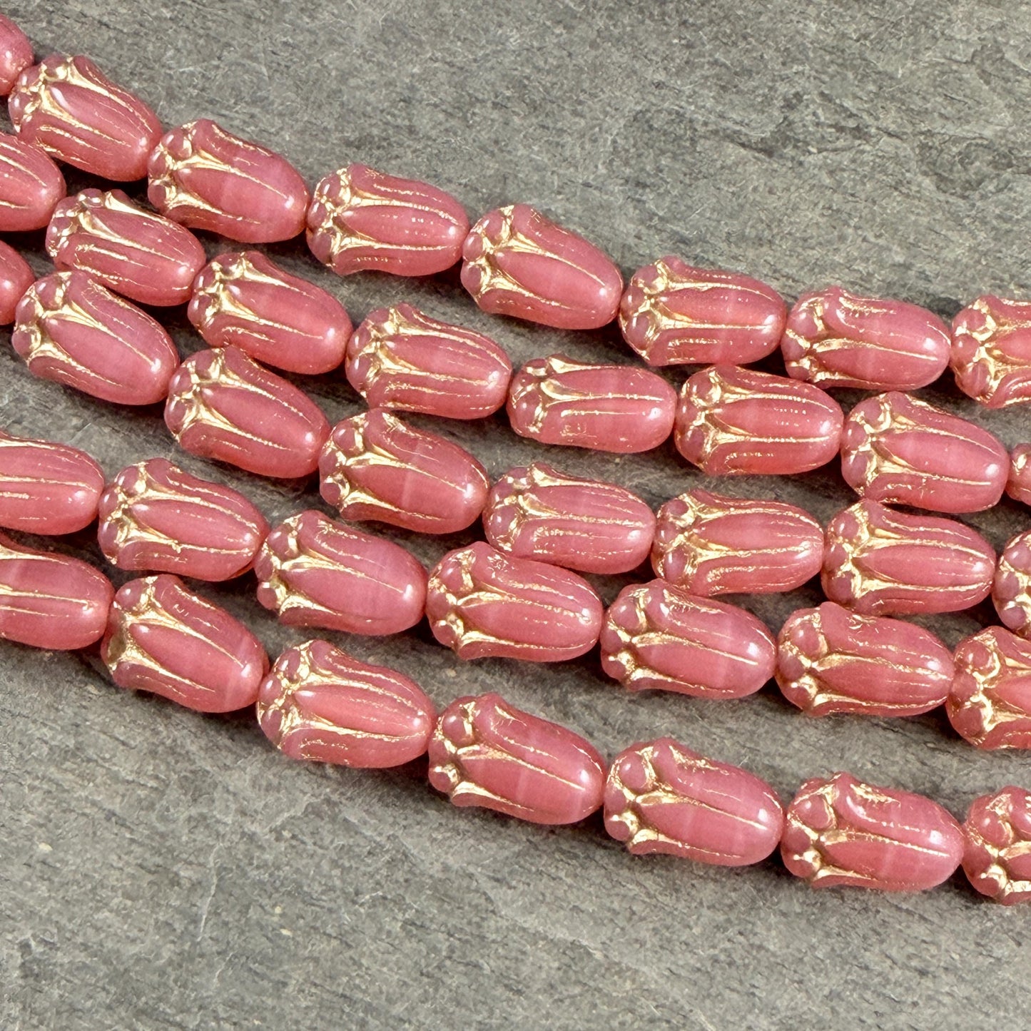 Czech Glass Beads - 12x8mm Lily Bud Flower, Coral Pink Opaline with Gold Wash (LBud59) * Qty. 12