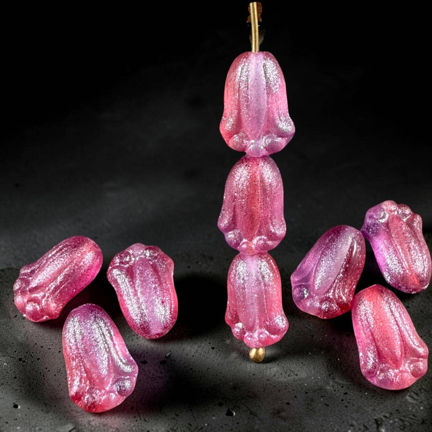 Czech Glass Beads - 12x8mm Lily Bud Flower, Fuchsia with Blue Lilac Shimmer (LBud57) * Qty. 12