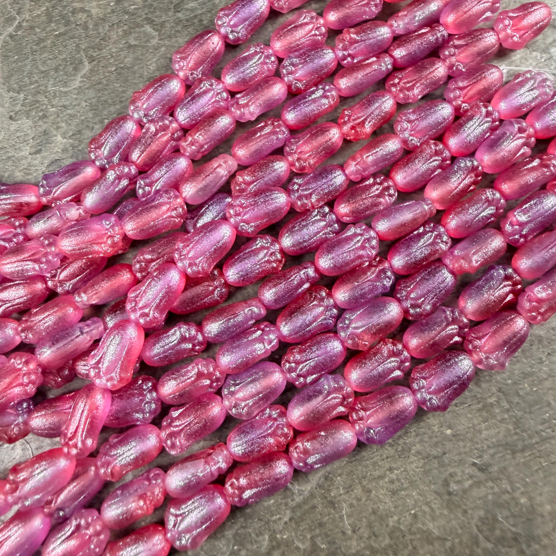 Czech Glass Beads - 12x8mm Lily Bud Flower, Fuchsia with Blue Lilac Shimmer (LBud57) * Qty. 12
