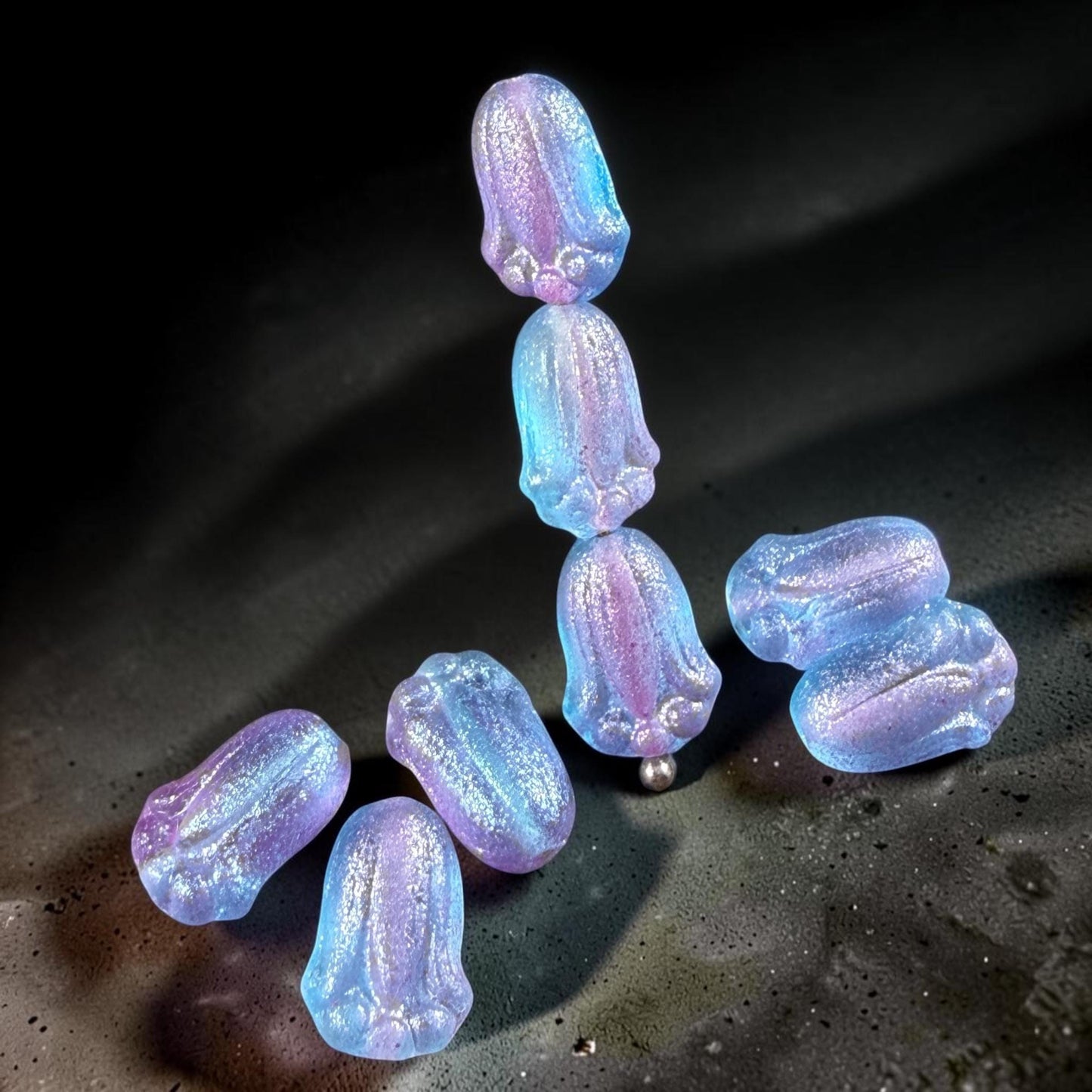 Czech Glass Beads - 12x8mm Lily Bud Flower, Aqua and Lilac Shimmer (LBud56) * Qty. 12