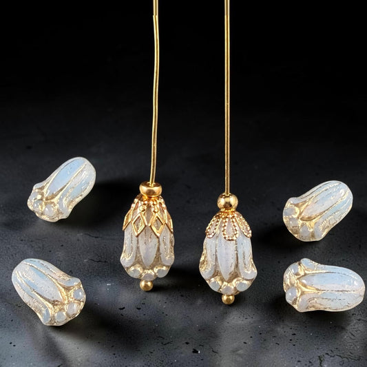 Czech Glass Beads - 12x8mm Lily Bud Flower, White Opaline with Gold Wash (LBud58) * Qty. 12