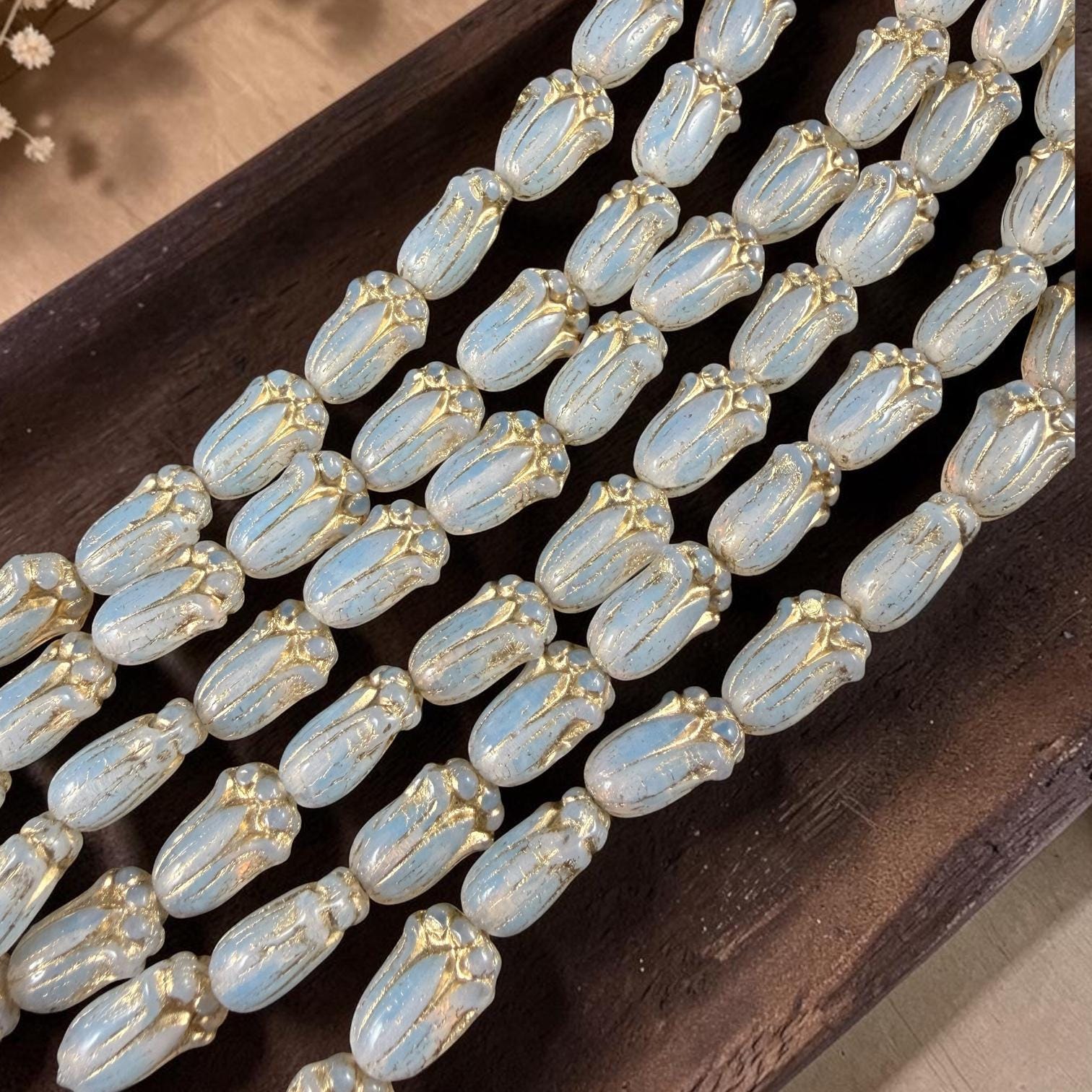 Czech Glass Beads - 12x8mm Lily Bud Flower, White Opaline with Gold Wash (LBud58) * Qty. 12