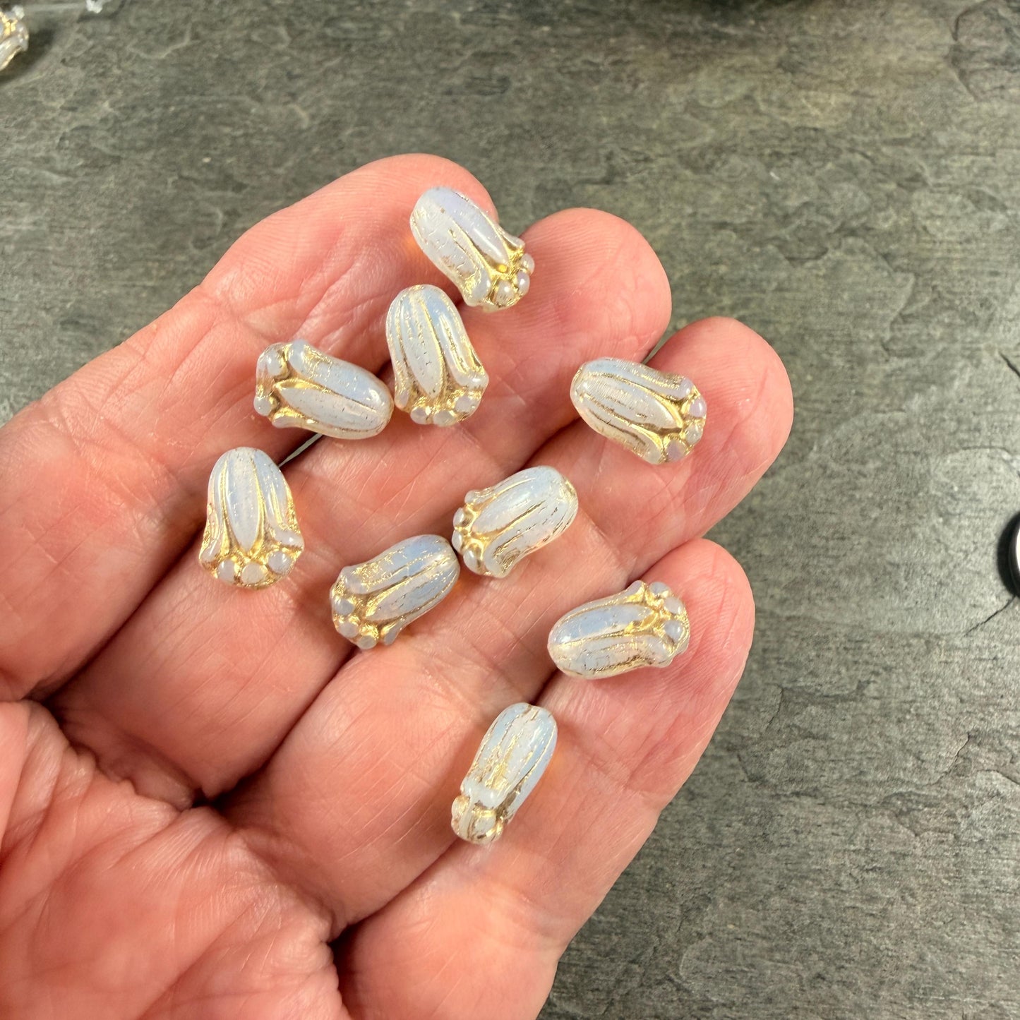 Czech Glass Beads - 12x8mm Lily Bud Flower, White Opaline with Gold Wash (LBud58) * Qty. 12