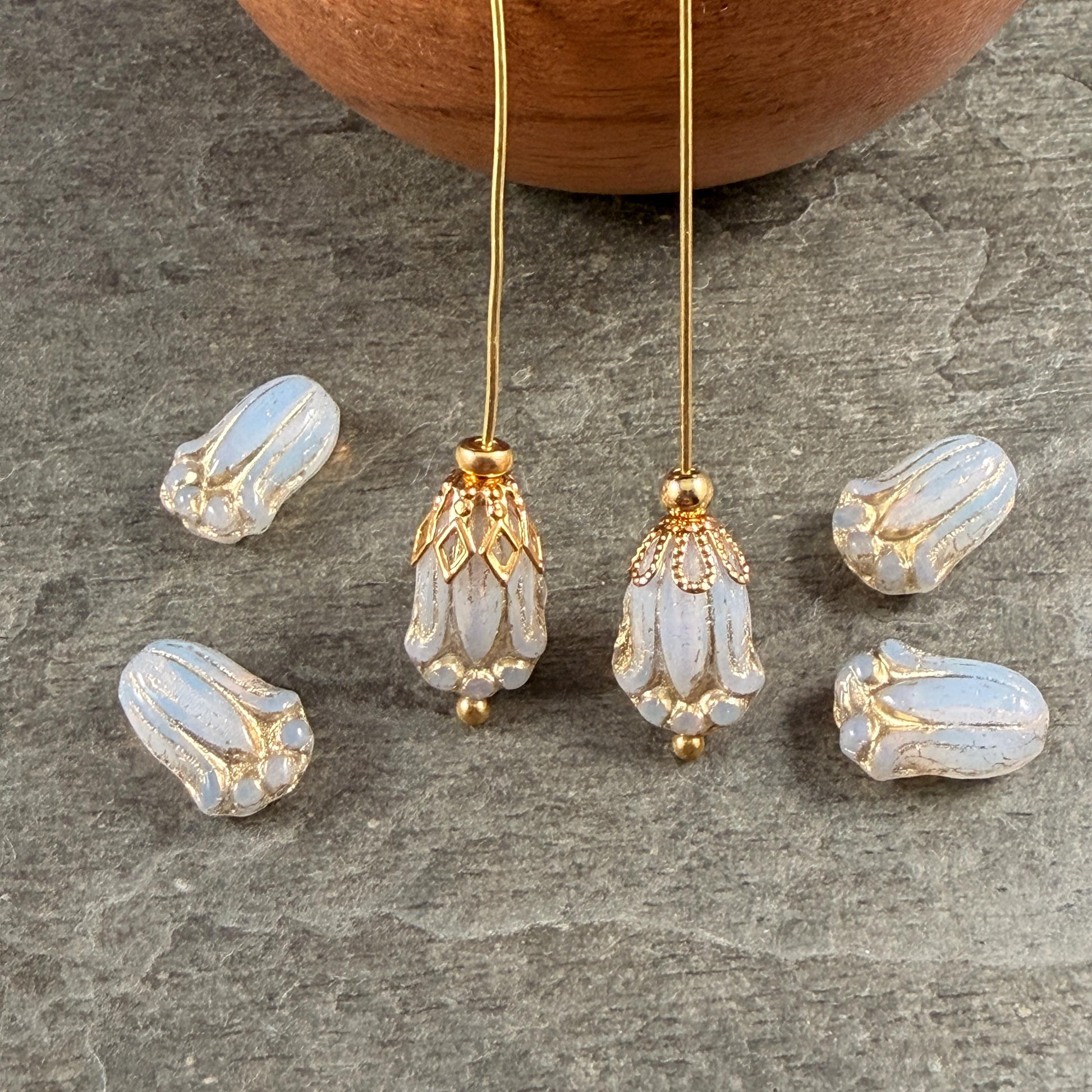 Czech Glass Beads - 12x8mm Lily Bud Flower, White Opaline with Gold Wash (LBud58) * Qty. 12