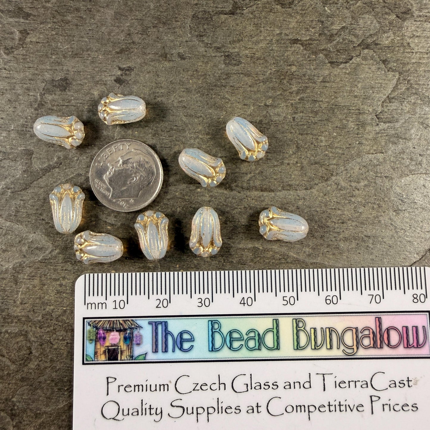 Czech Glass Beads - 12x8mm Lily Bud Flower, White Opaline with Gold Wash (LBud58) * Qty. 12