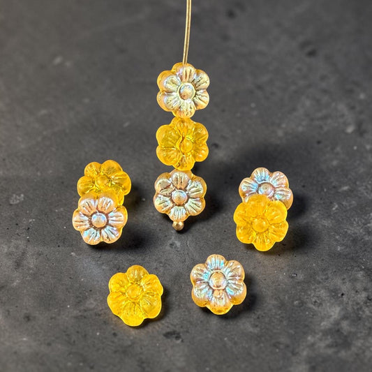 Czech Glass Beads - 8.25mm Bright Yellow Flower with AB (PTB6) * Qty. 16