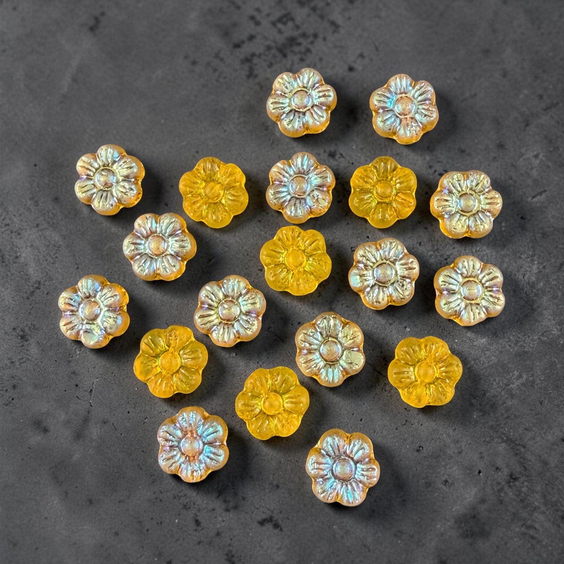 Czech Glass Beads - 8.25mm Bright Yellow Flower with AB (PTB6) * Qty. 16