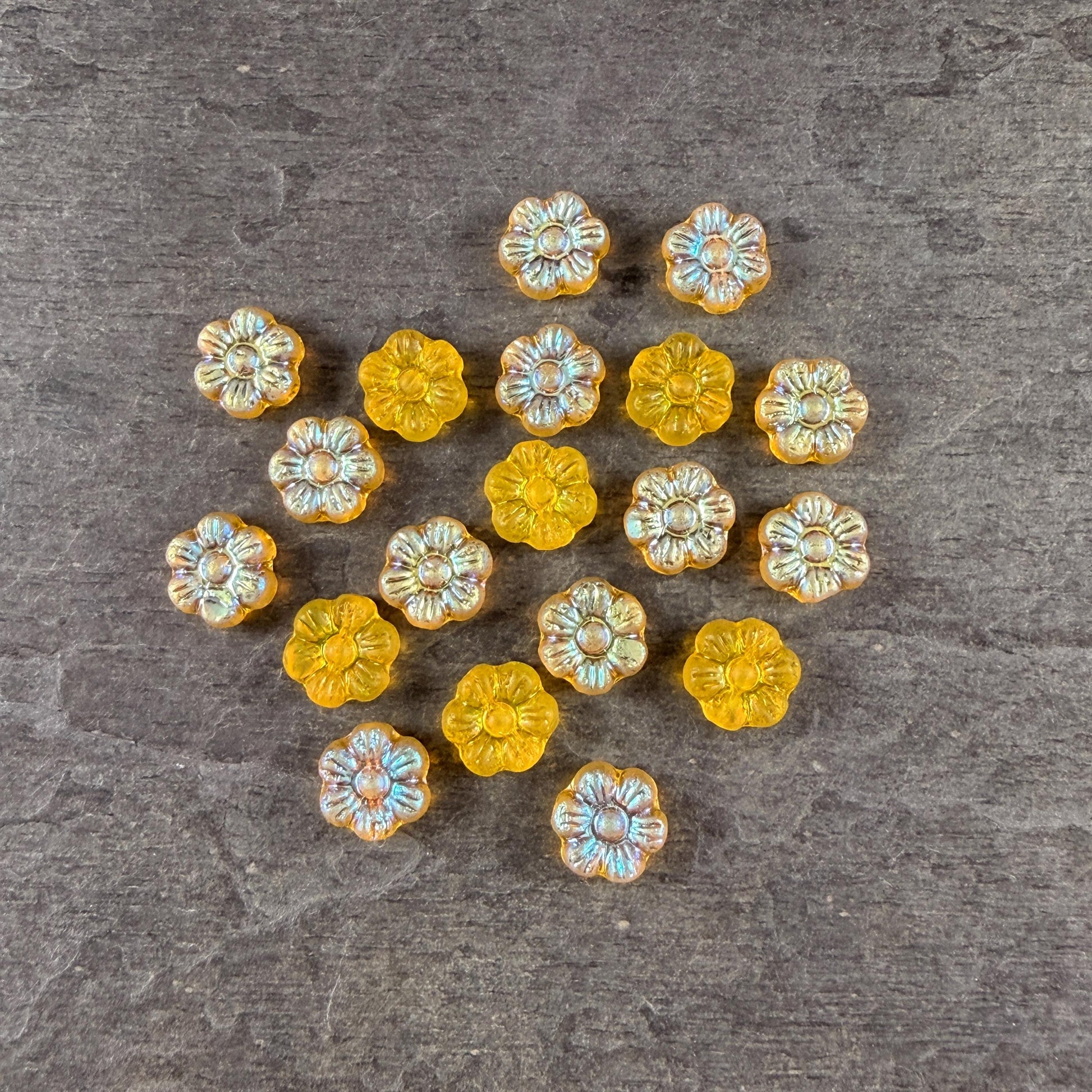 Czech Glass Beads - 8.25mm Bright Yellow Flower with AB (PTB6) * Qty. 16