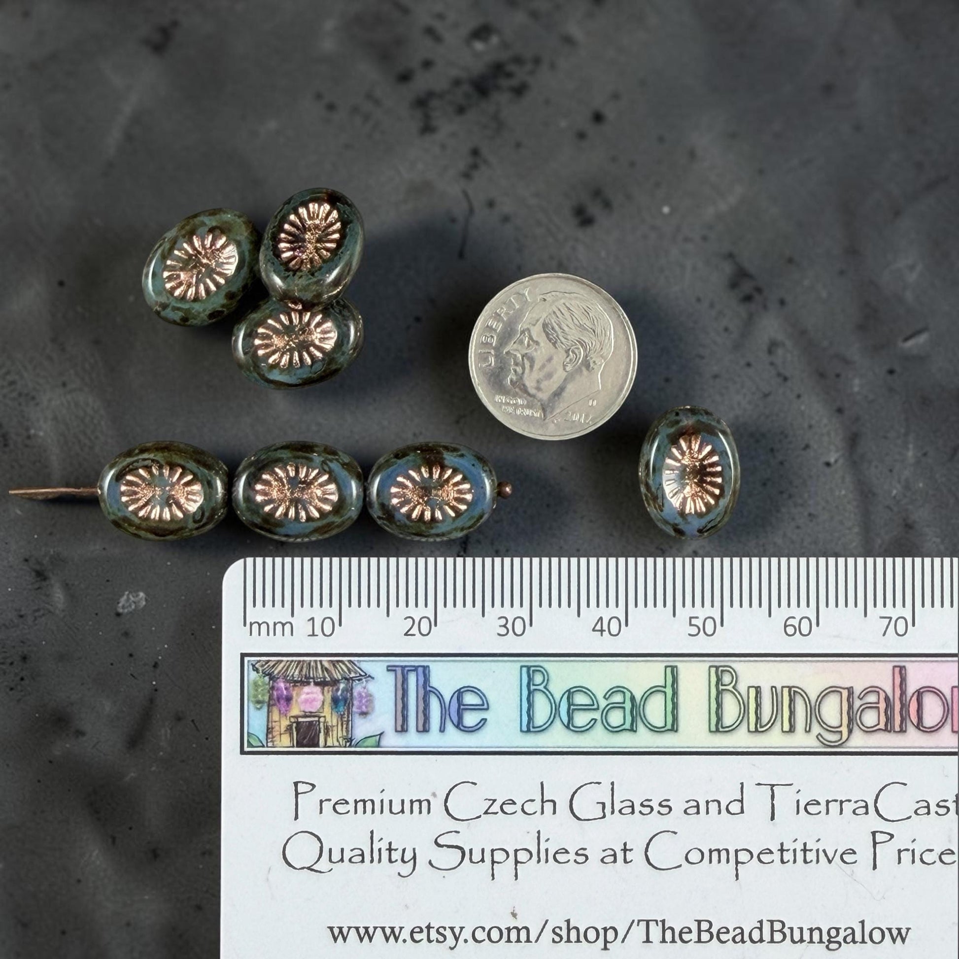 Czech Glass Beads - 14x10mm Oval Kiwi, Slate Blue Picasso with Copper Wash (POKW1) * Qty. 8