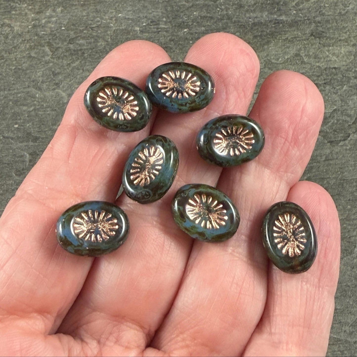 Czech Glass Beads - 14x10mm Oval Kiwi, Slate Blue Picasso with Copper Wash (POKW1) * Qty. 8