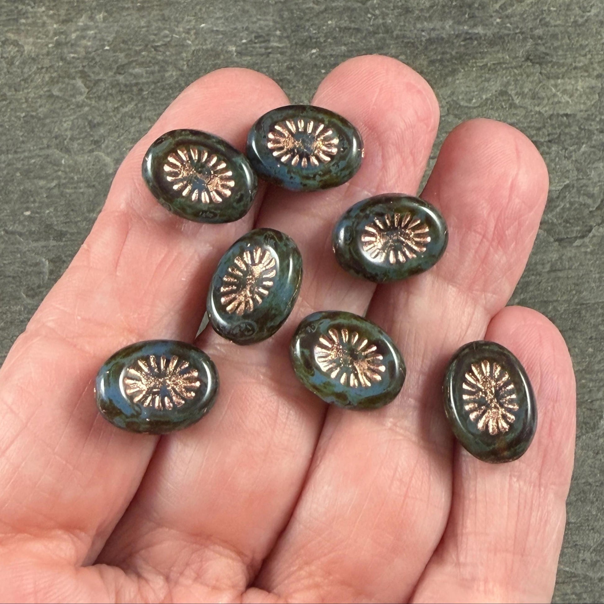 Czech Glass Beads - 14x10mm Oval Kiwi, Slate Blue Picasso with Copper Wash (POKW1) * Qty. 8