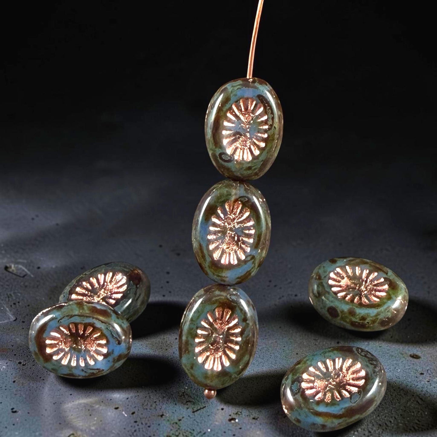 Czech Glass Beads - 14x10mm Oval Kiwi, Slate Blue Picasso with Copper Wash (POKW1) * Qty. 8