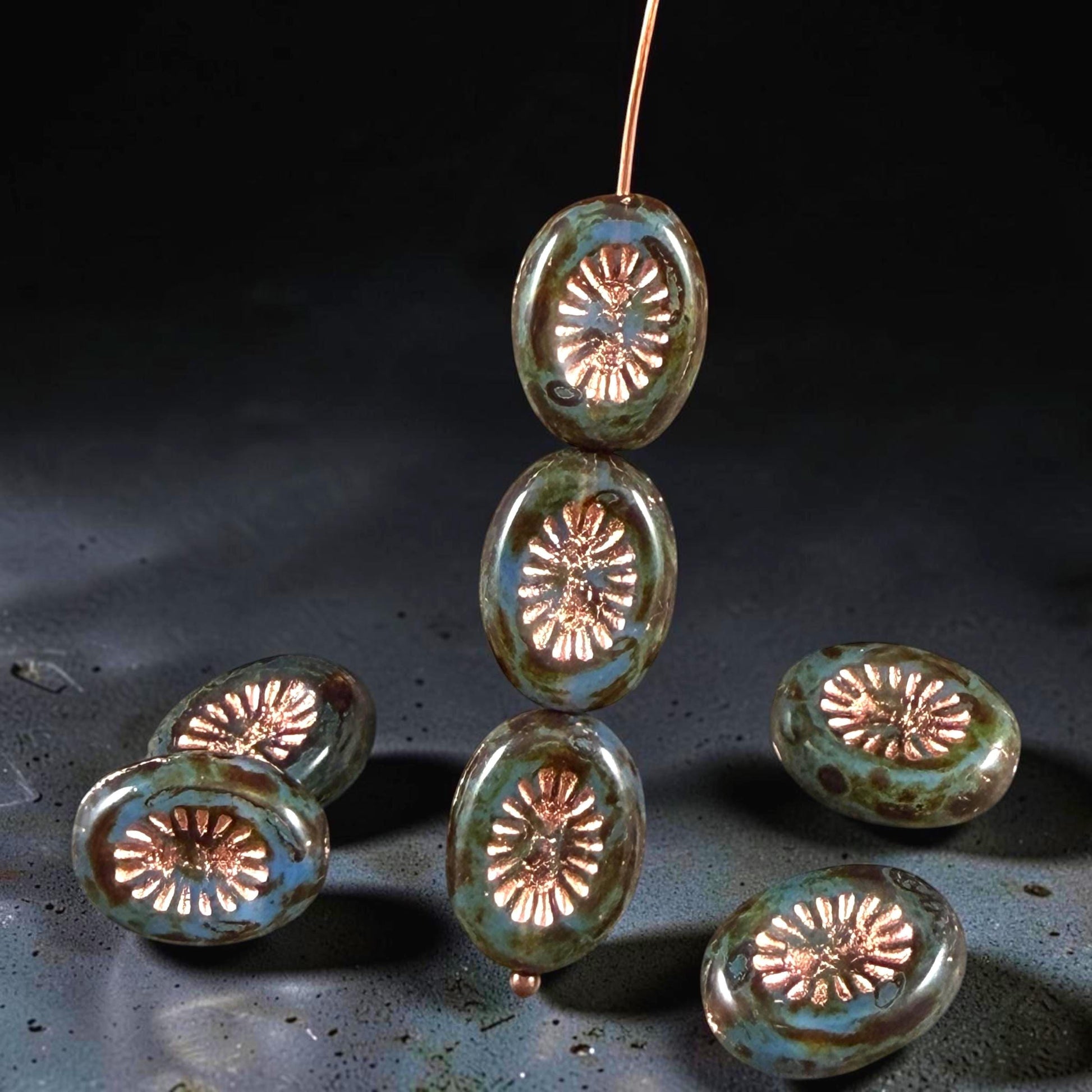 Czech Glass Beads - 14x10mm Oval Kiwi, Slate Blue Picasso with Copper Wash (POKW1) * Qty. 8