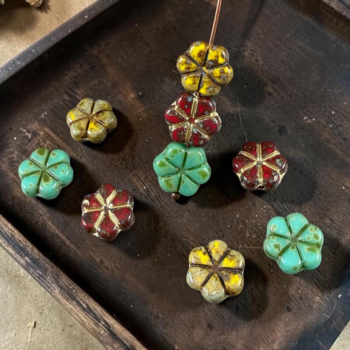 Czech Picasso Beads - 10mm Flower Coin, Turquoise, Red and Yellow Mix (PFMN-4) * 15 Beads