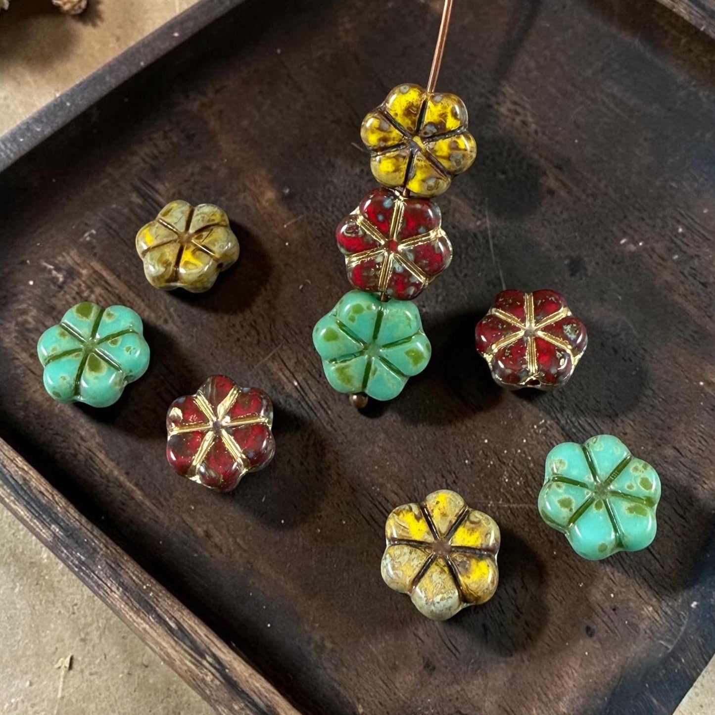 Czech Picasso Beads - 10mm Flower Coin, Turquoise, Red and Yellow Mix (PFMN-4) * 15 Beads