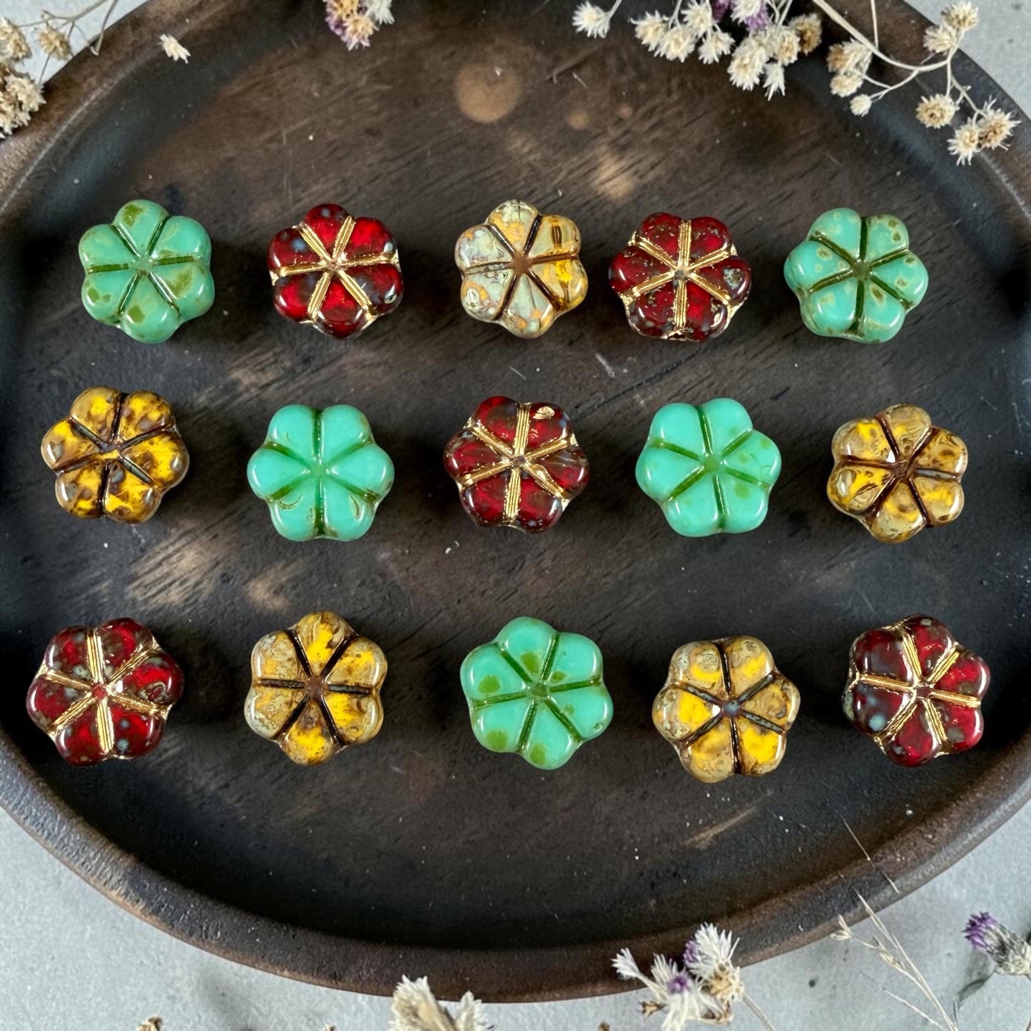 Czech Picasso Beads - 10mm Flower Coin, Turquoise, Red and Yellow Mix (PFMN-4) * 15 Beads