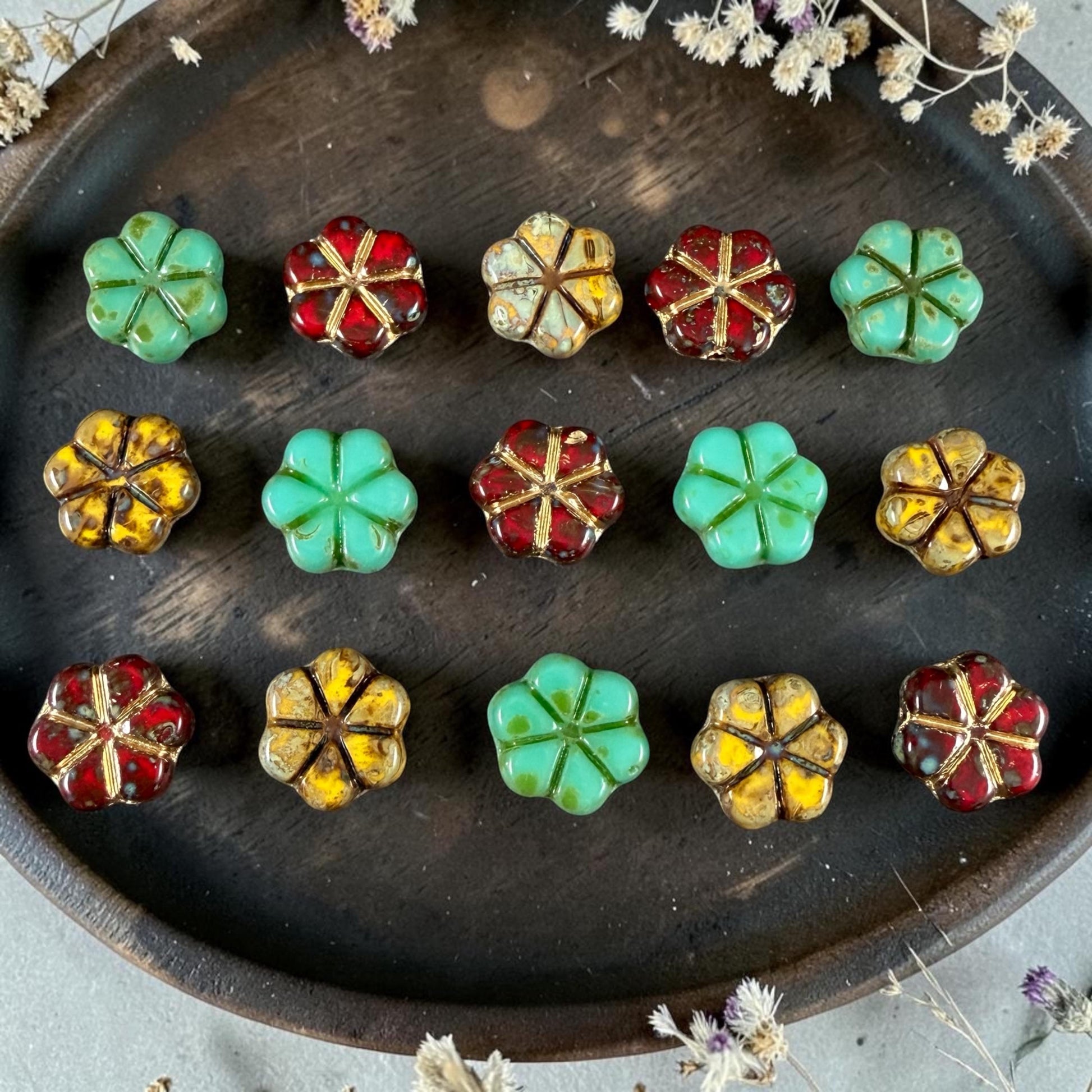 Czech Picasso Beads - 10mm Flower Coin, Turquoise, Red and Yellow Mix (PFMN-4) * 15 Beads