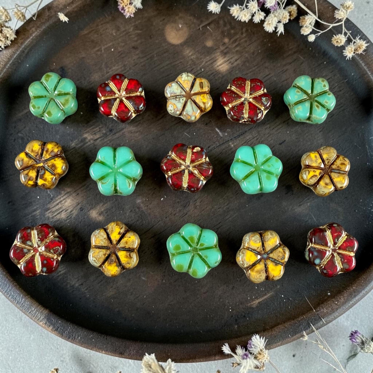 Czech Picasso Beads - 10mm Flower Coin, Turquoise, Red and Yellow Mix (PFMN-4) * 15 Beads