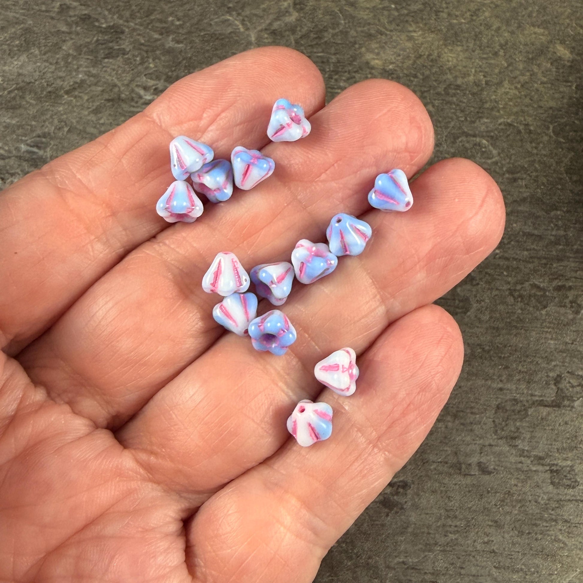 Czech Glass Beads - 6x4mm Bell Flower, Periwinkle and White with Pink Wash (BFlo21) * 30 Beads