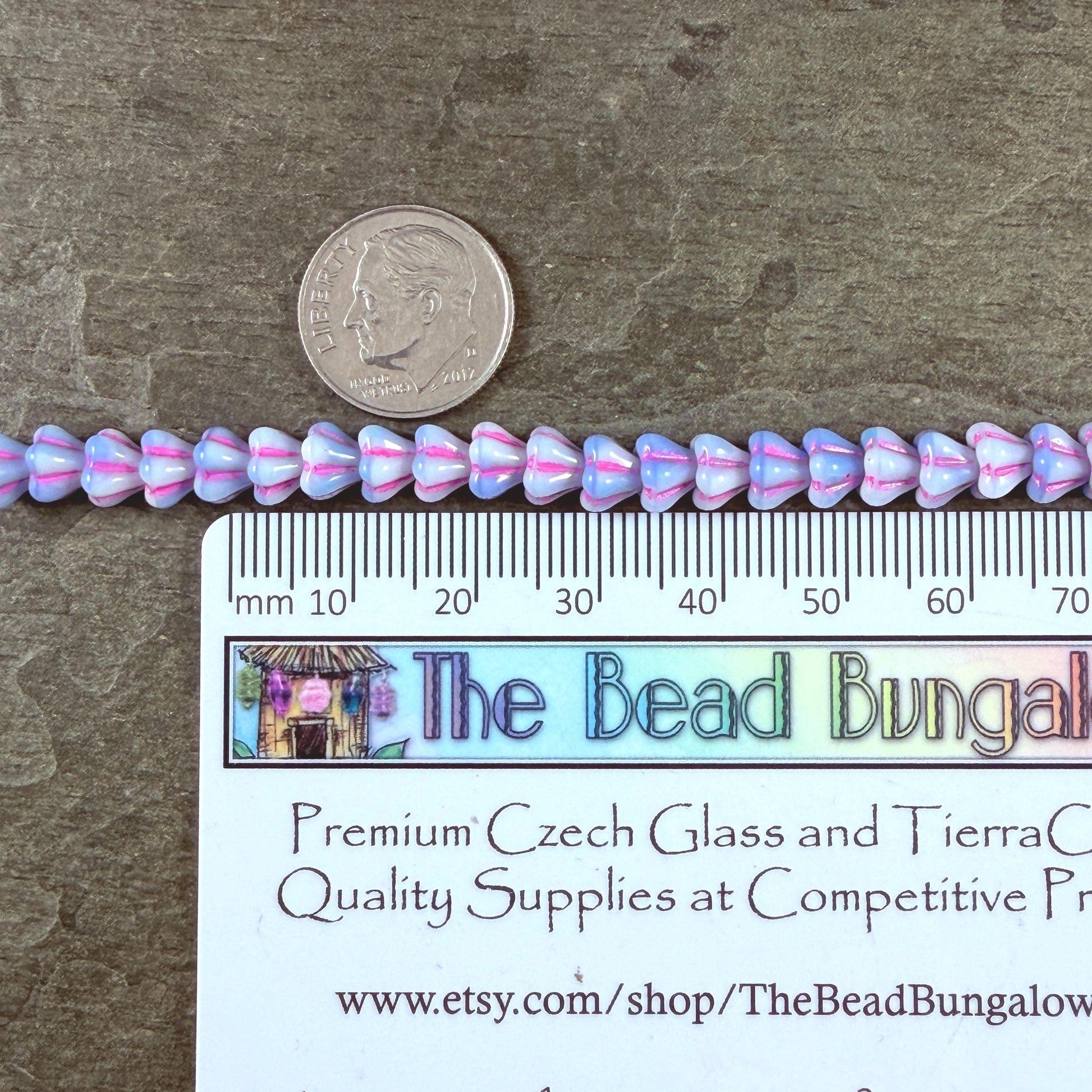 Czech Glass Beads - 6x4mm Bell Flower, Periwinkle and White with Pink Wash (BFlo21) * 30 Beads